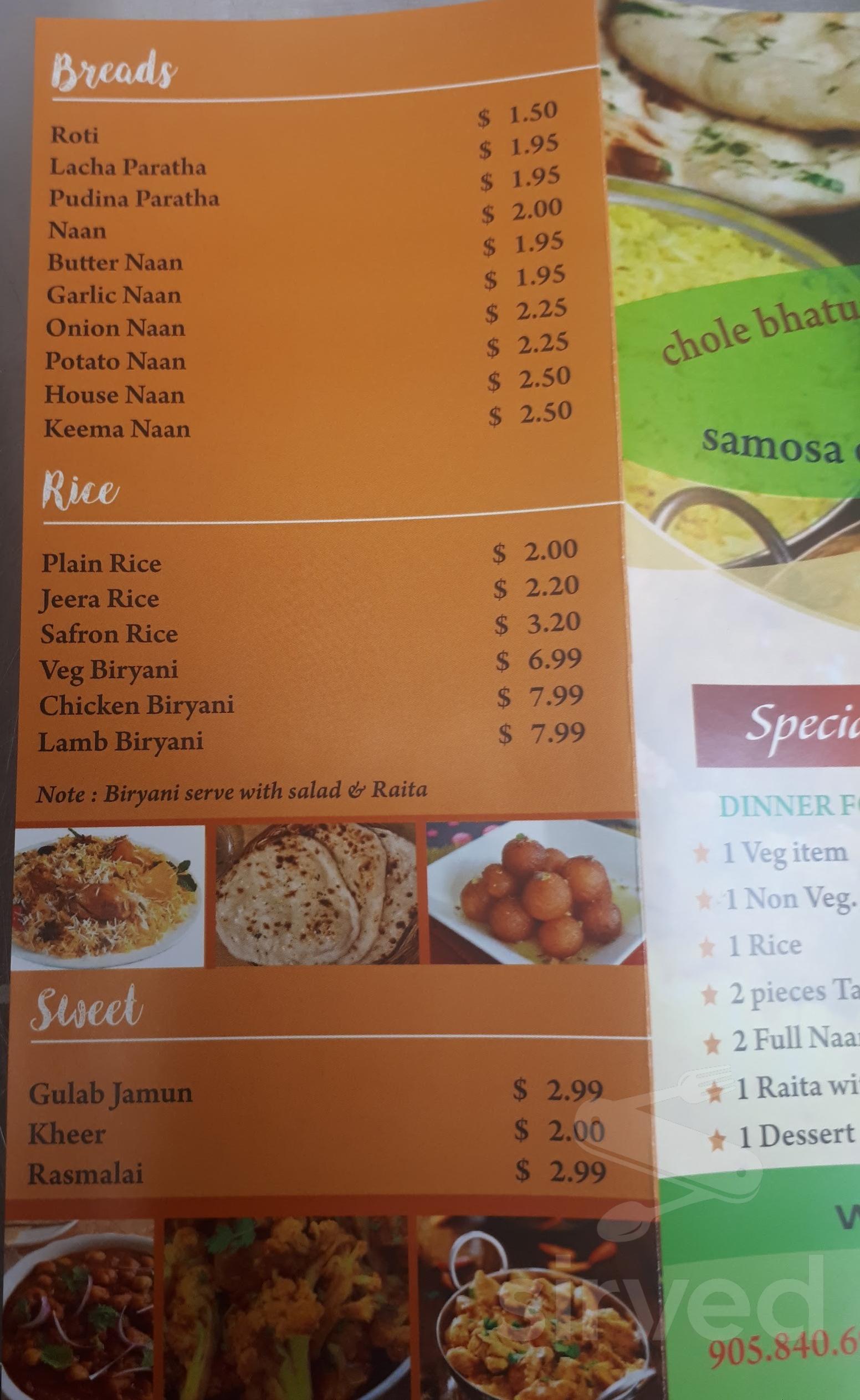 Menu Brampton ON's Desi Tandoor Indian food Takeout, Delivery