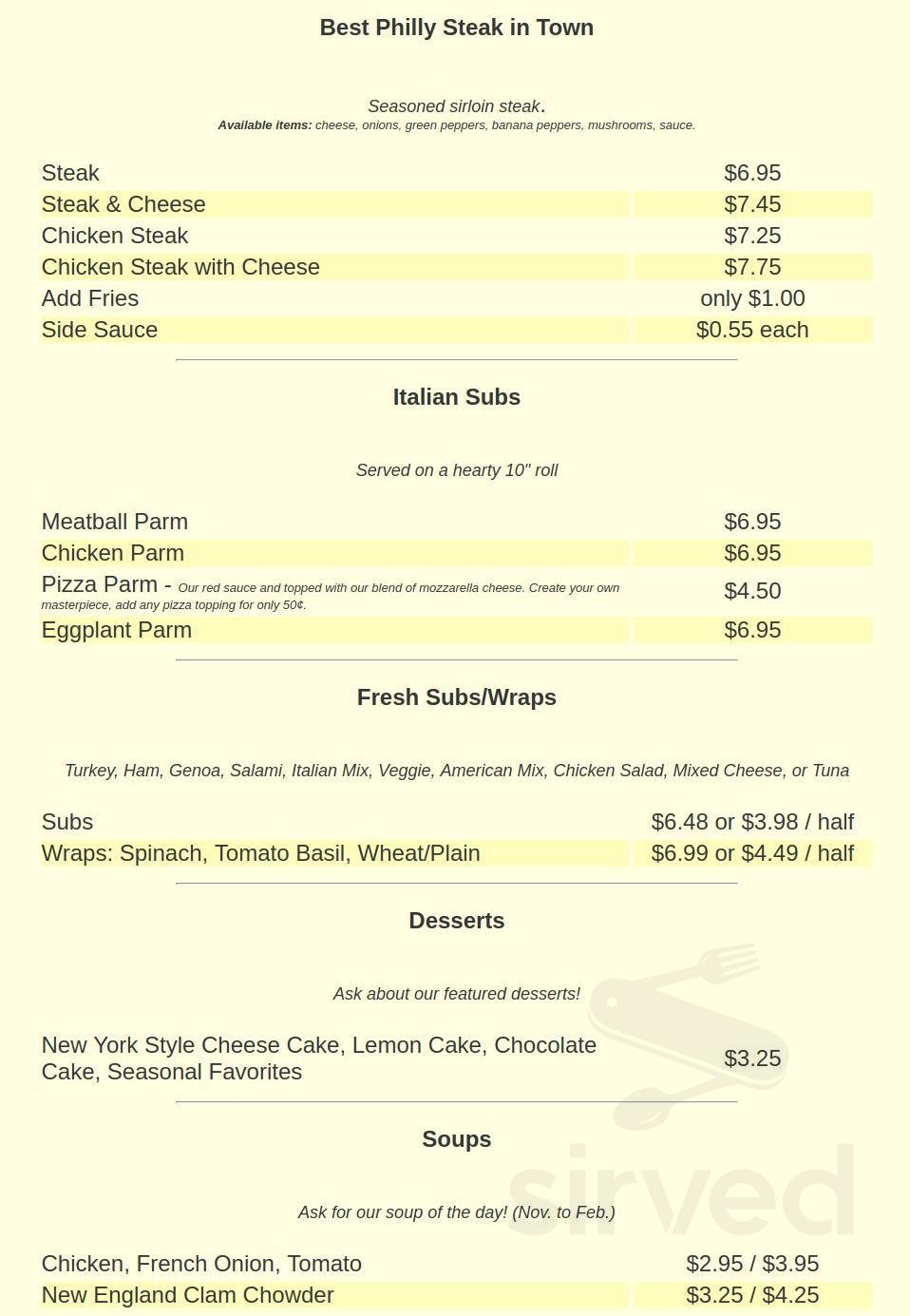 Menu Liverpool NY's Pizza Villa Sirved