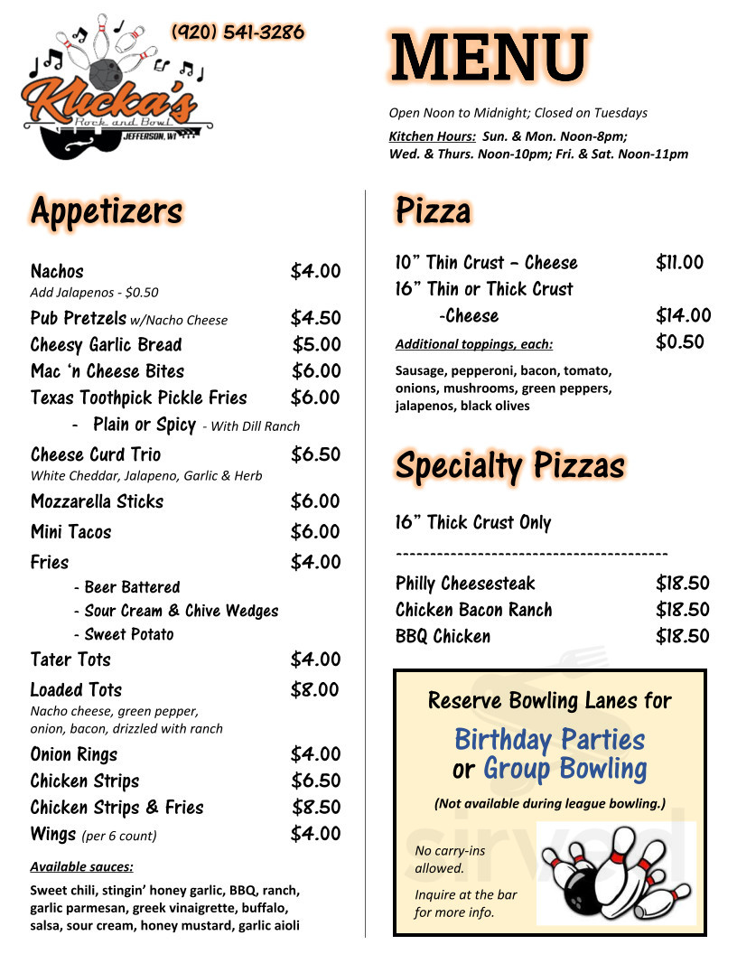 Menu - Jefferson WI's Klicka’s Rock & Bowl | Sirved