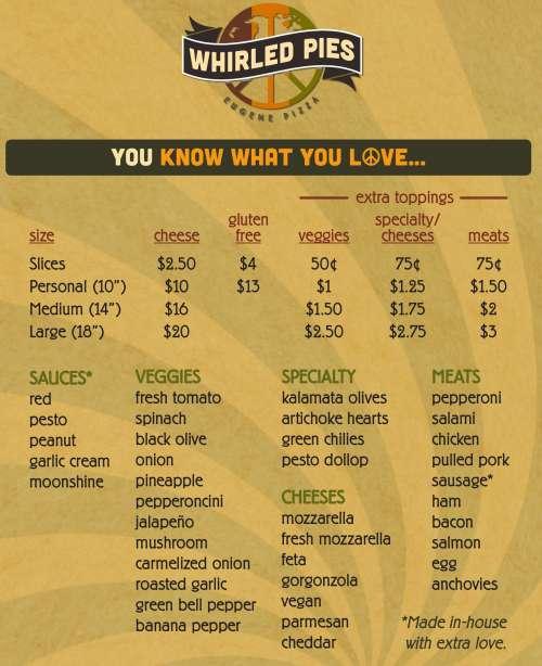 Whirled Pies Downtown menu in Eugene, Oregon, USA