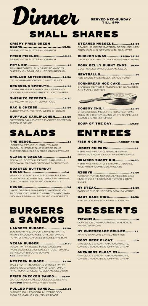 Landers menu in San Clemente, California, USA