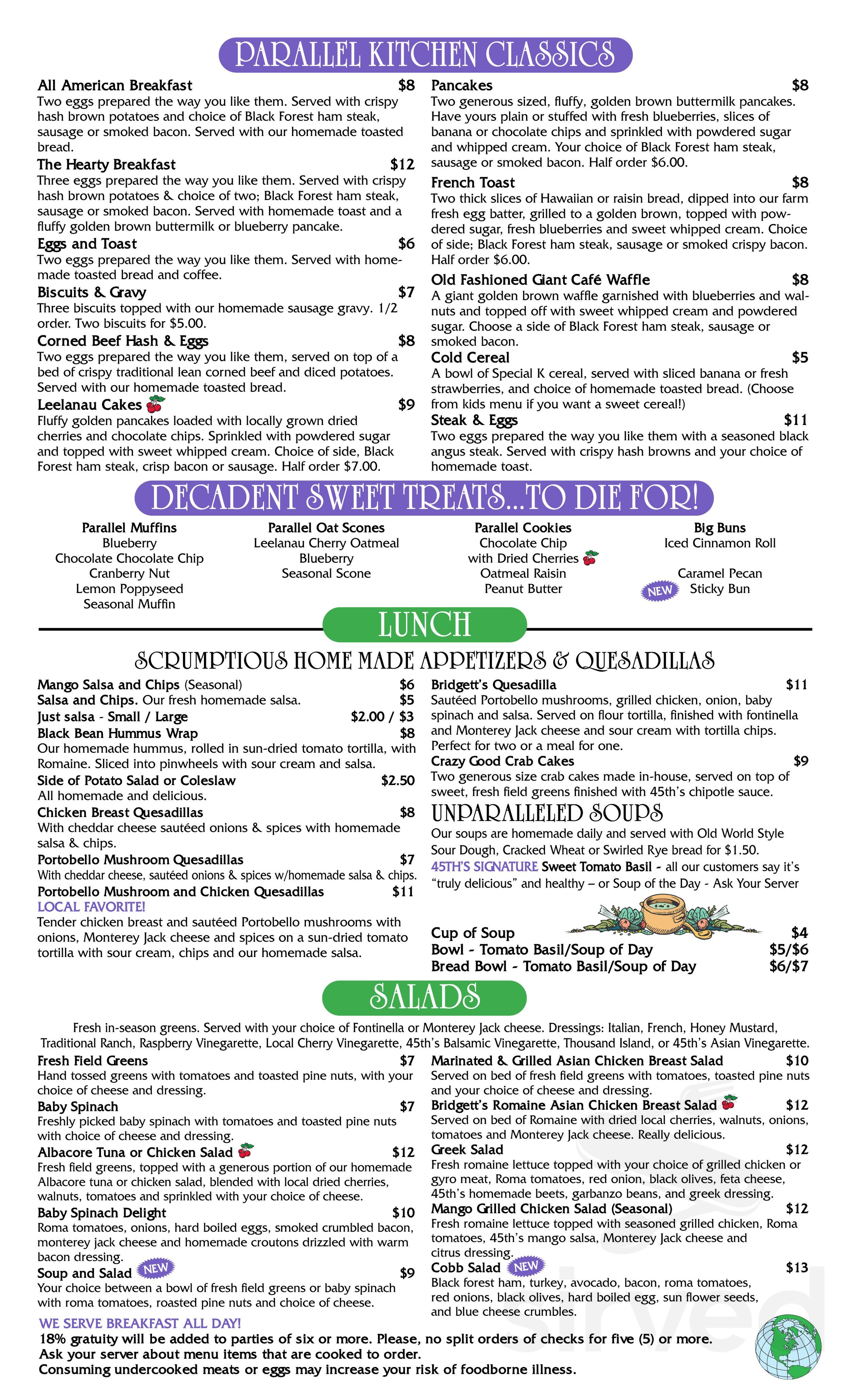 45th Parallel Cafe menus in Suttons Bay, Michigan, United States