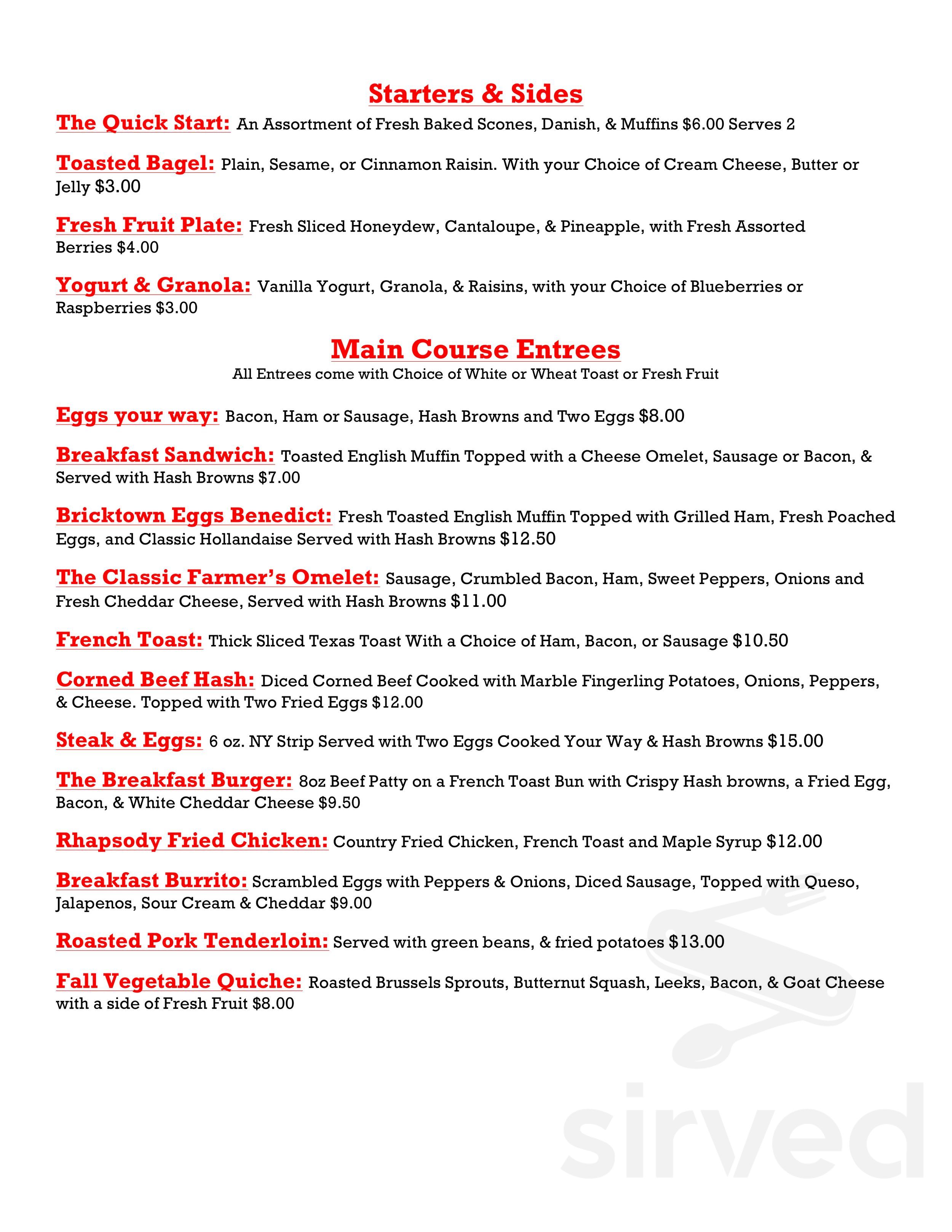 Rhapsody Restaurant menu in Nelsonville, Ohio, USA