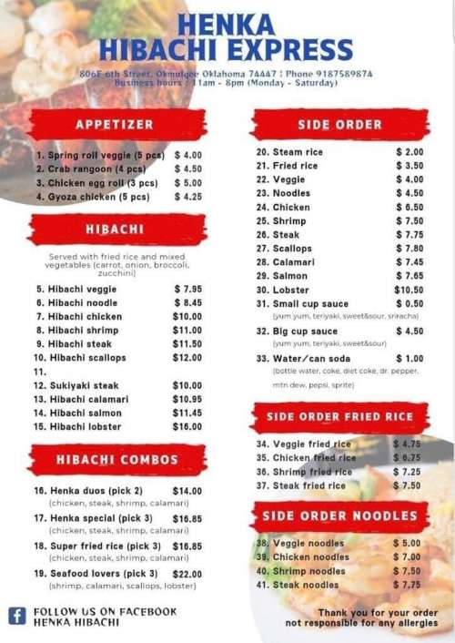 HenKa Hibachi menu in Okmulgee, Oklahoma, USA