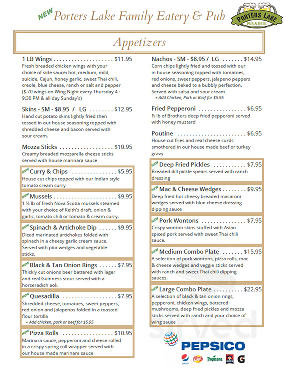 Porters Lake Pub menus in Porters Lake, Nova Scotia, Canada