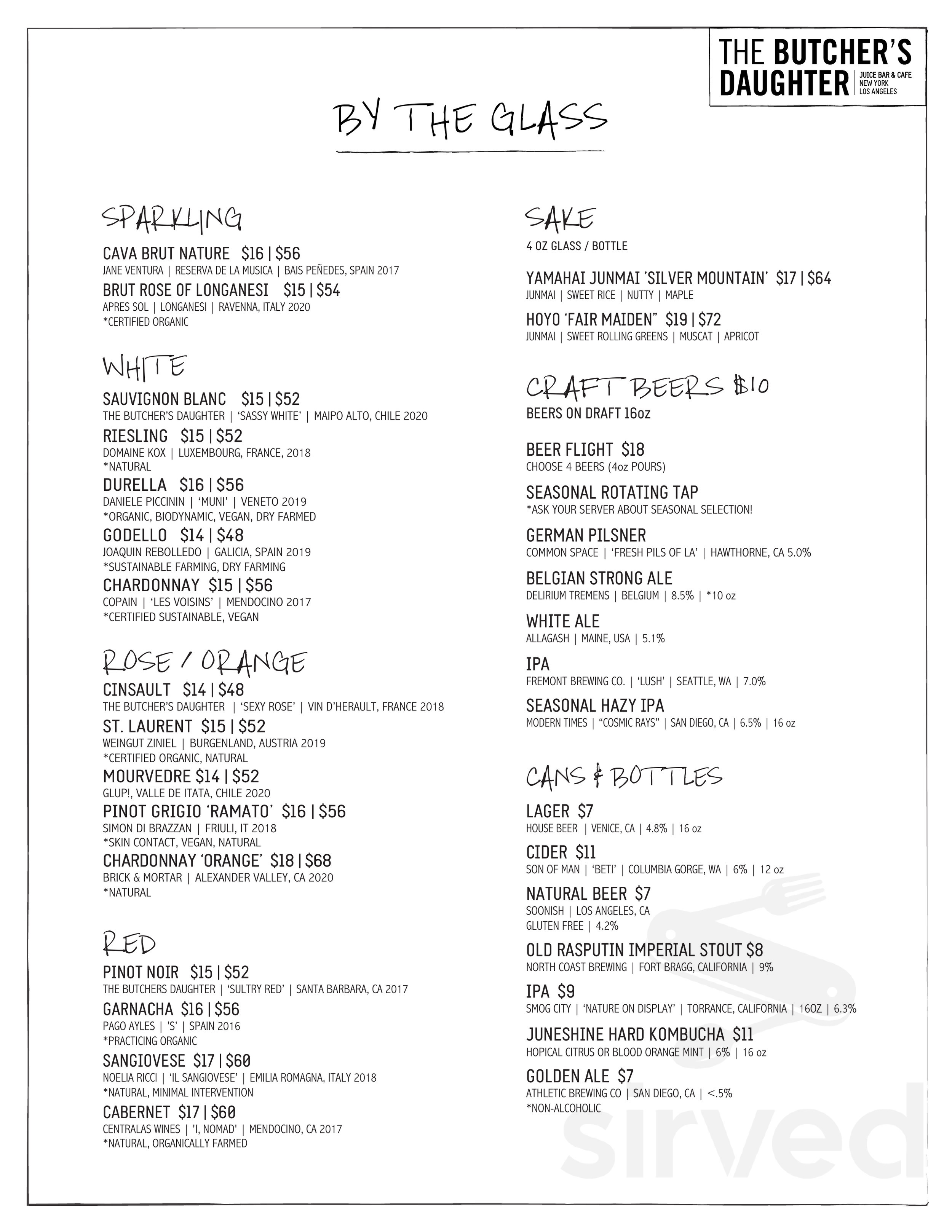 The Butcher's Daughter drink menu in New York, New York