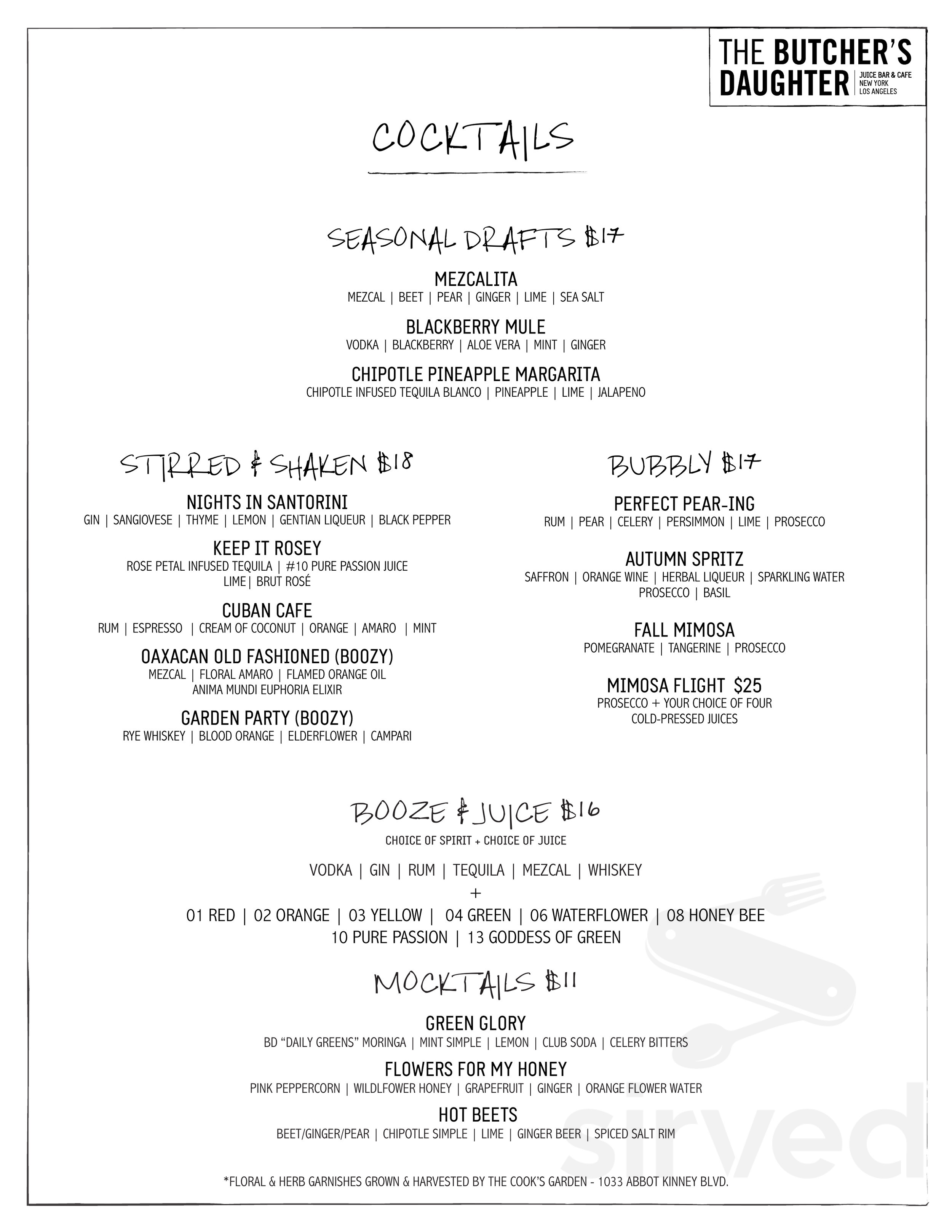 The Butcher's Daughter drink menu in New York, New York