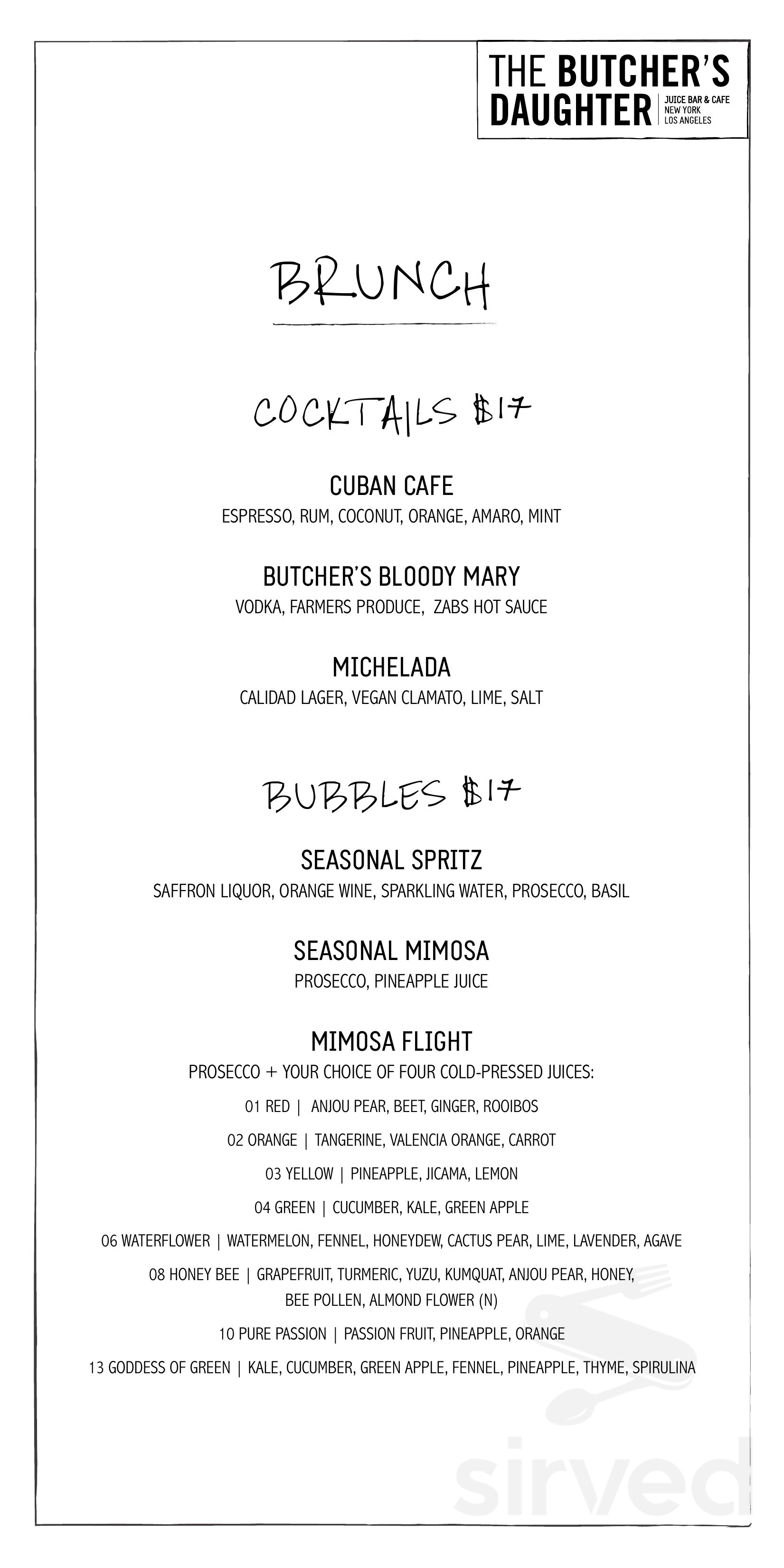 The Butcher's Daughter brunch menu in New York, New York