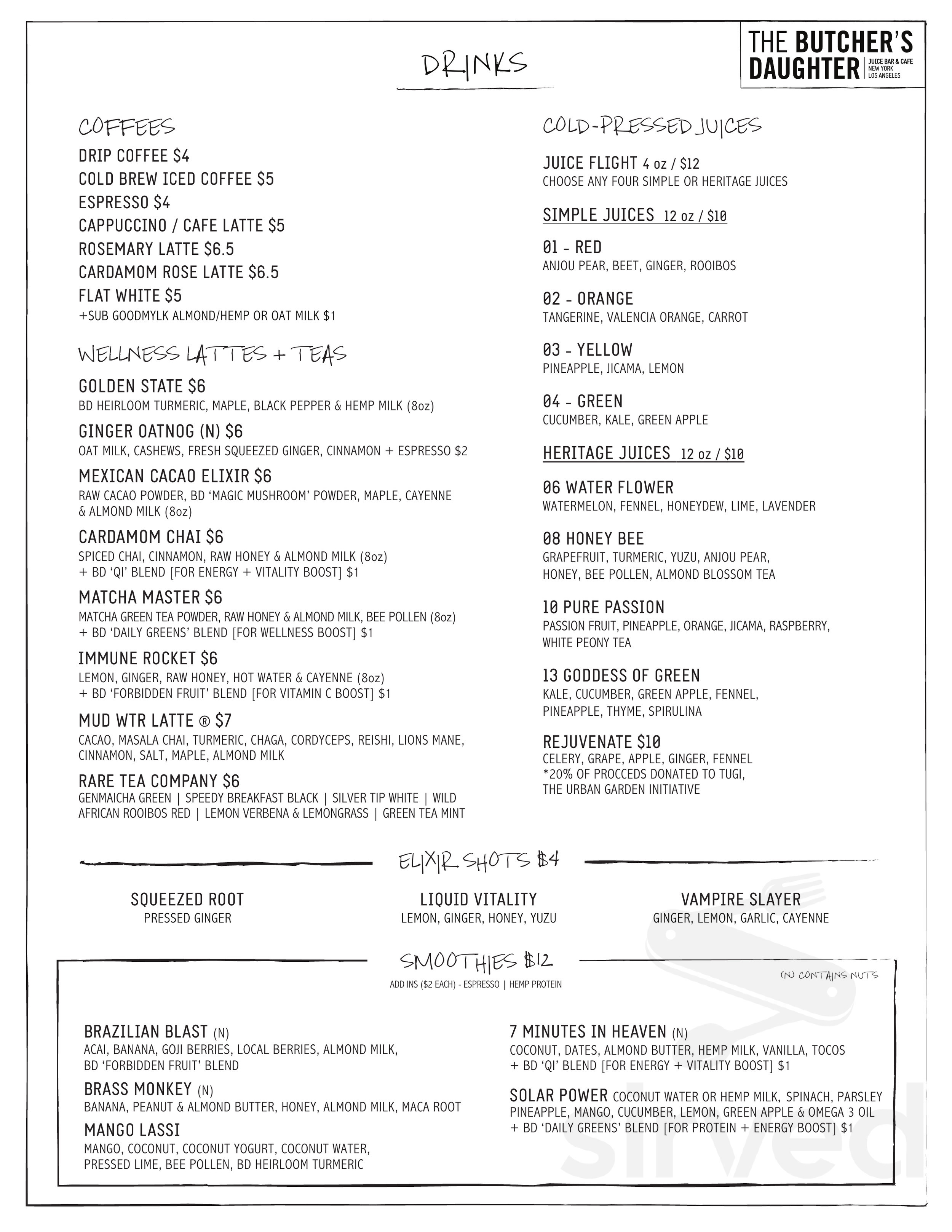 The Butcher's Daughter drink menu in New York, New York