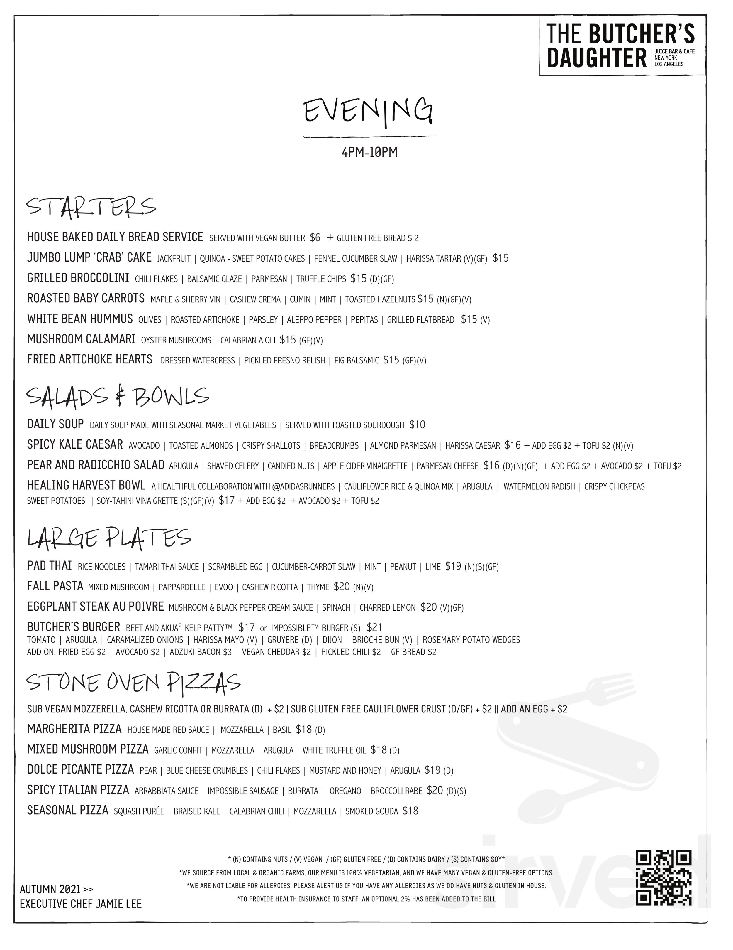 The Butcher's Daughter specials menu in New York, New York