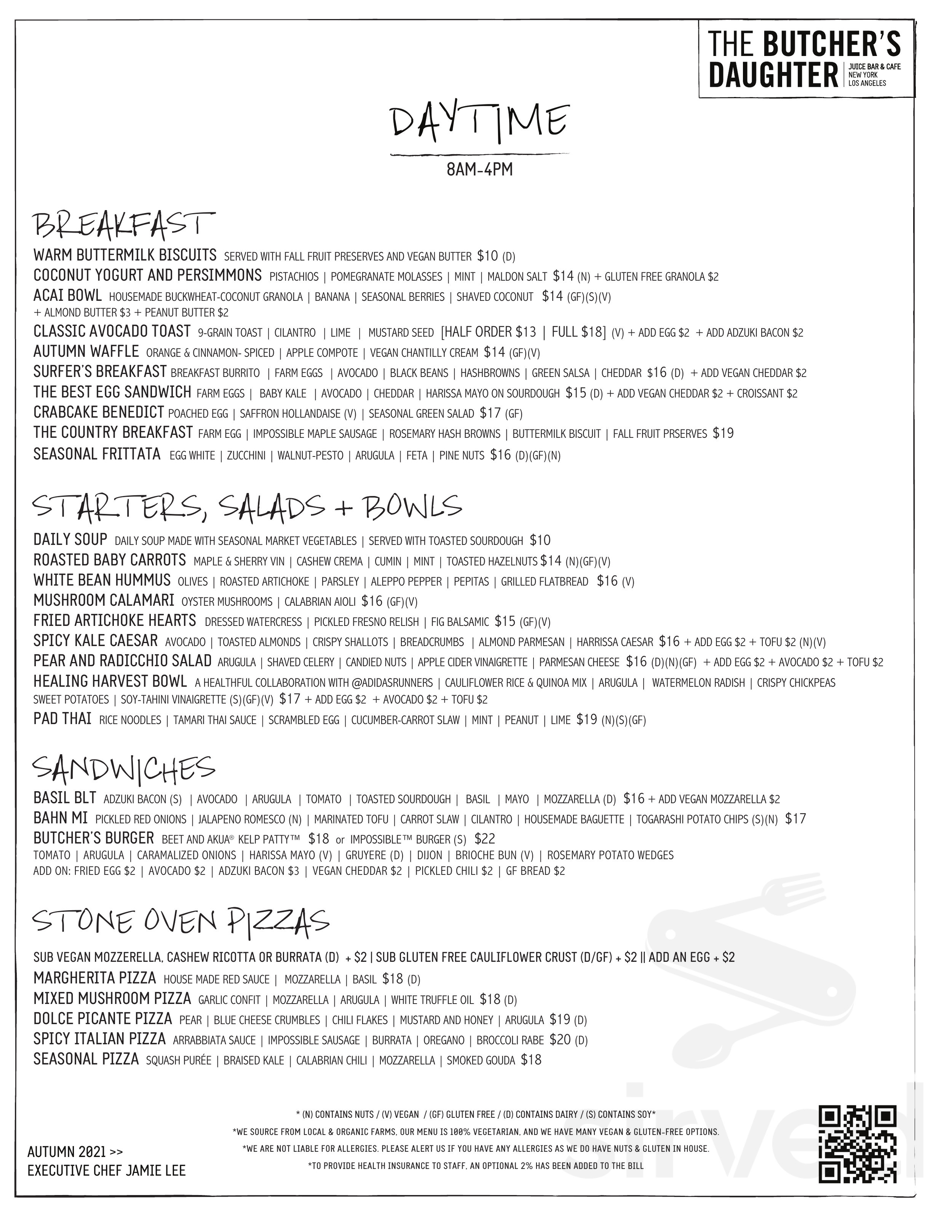 The Butcher's Daughter specials menu in New York, New York