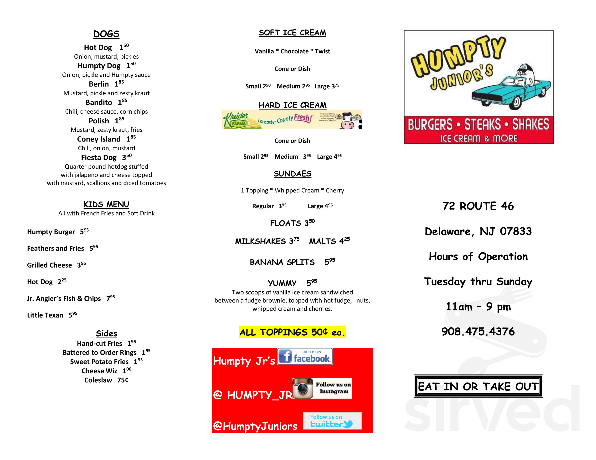 Menu for Humpty Junior's in Columbia, NJ | Sirved