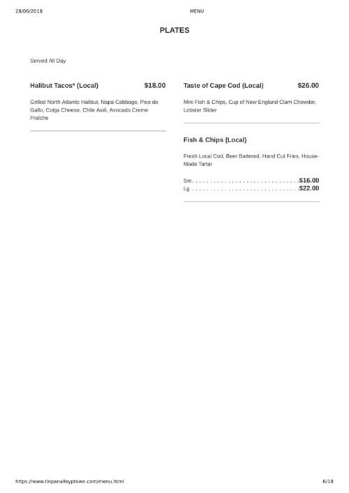 Tin Pan Alley menu in Provincetown, Massachusetts, USA