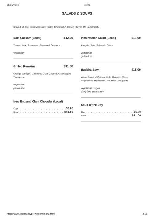 Tin Pan Alley menu in Provincetown, Massachusetts, USA