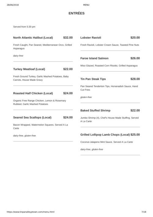 Tin Pan Alley menu in Provincetown, Massachusetts, USA