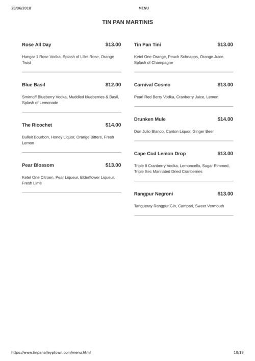 Tin Pan Alley menu in Provincetown, Massachusetts, USA