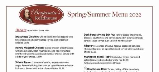 Menu for Benjamin's Roadhouse in Franklin, PA | Sirved