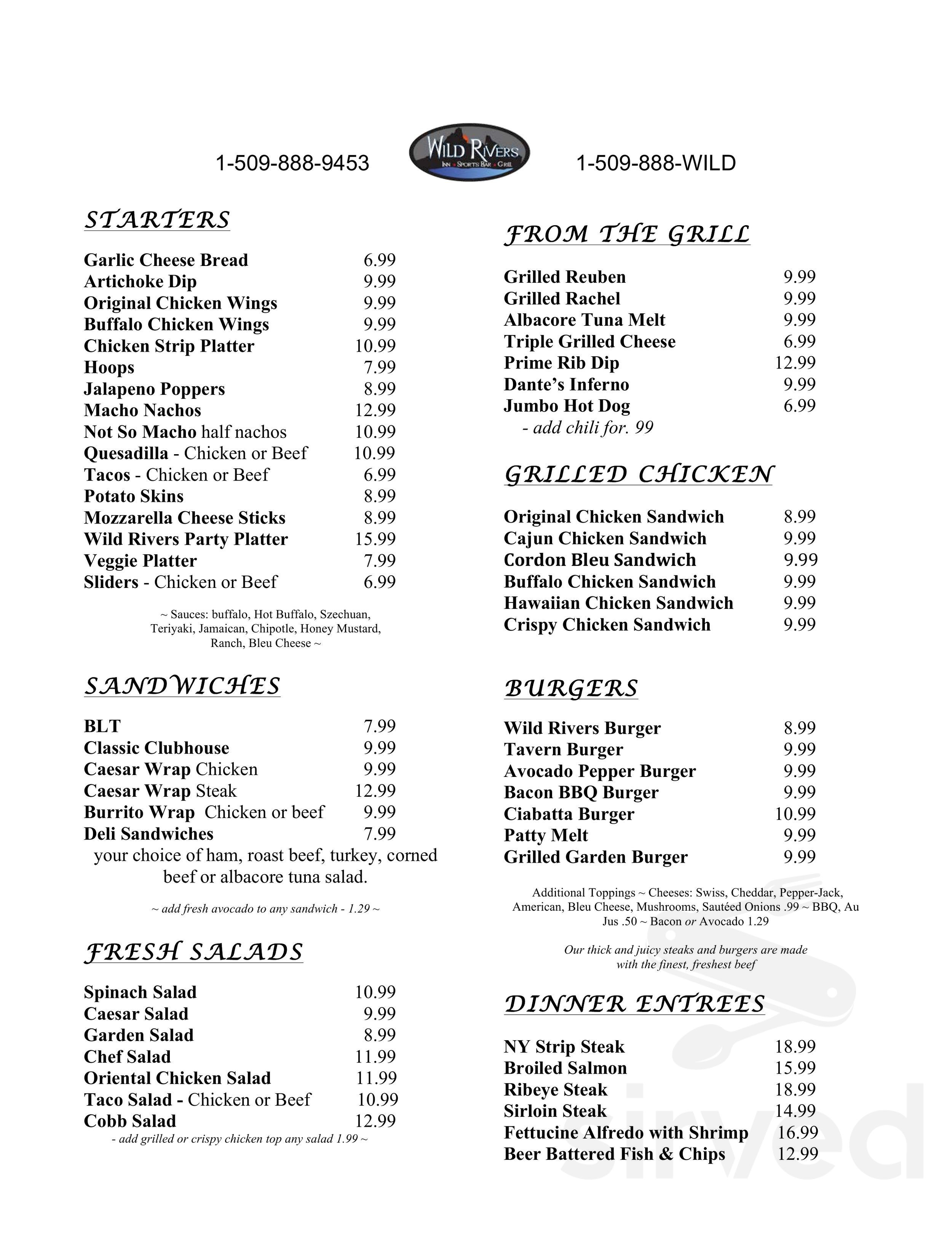 Menu for WildRivers Sports Bar & Grill in East Wenatchee, WA Sirved