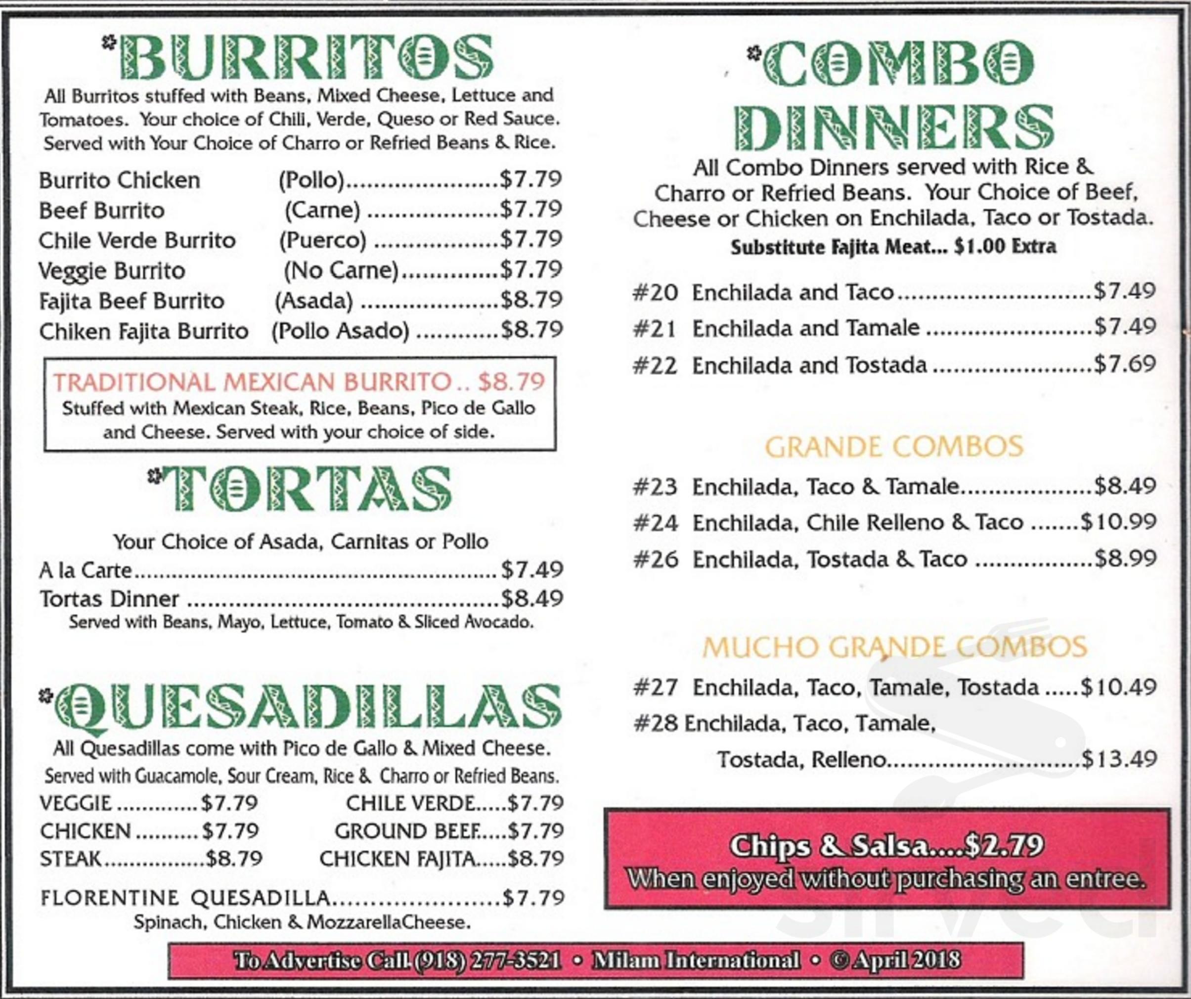 El Jalapeno Grill menu in Collinsville, Oklahoma