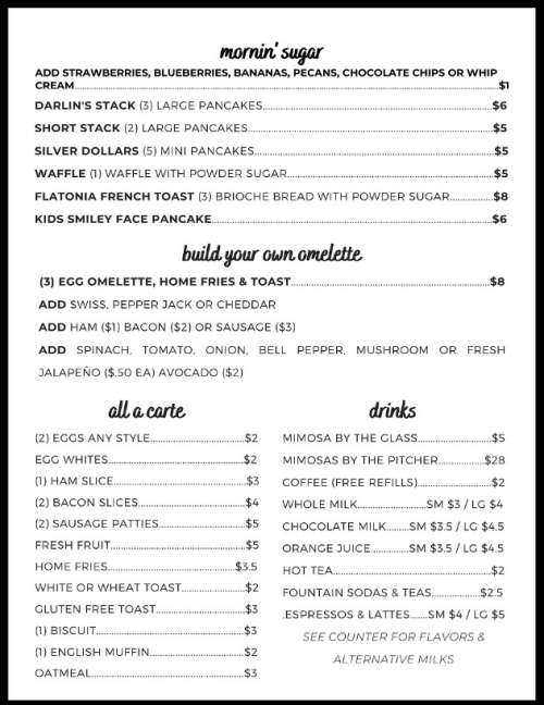 Darlin's Diner menu in Flatonia, Texas, USA