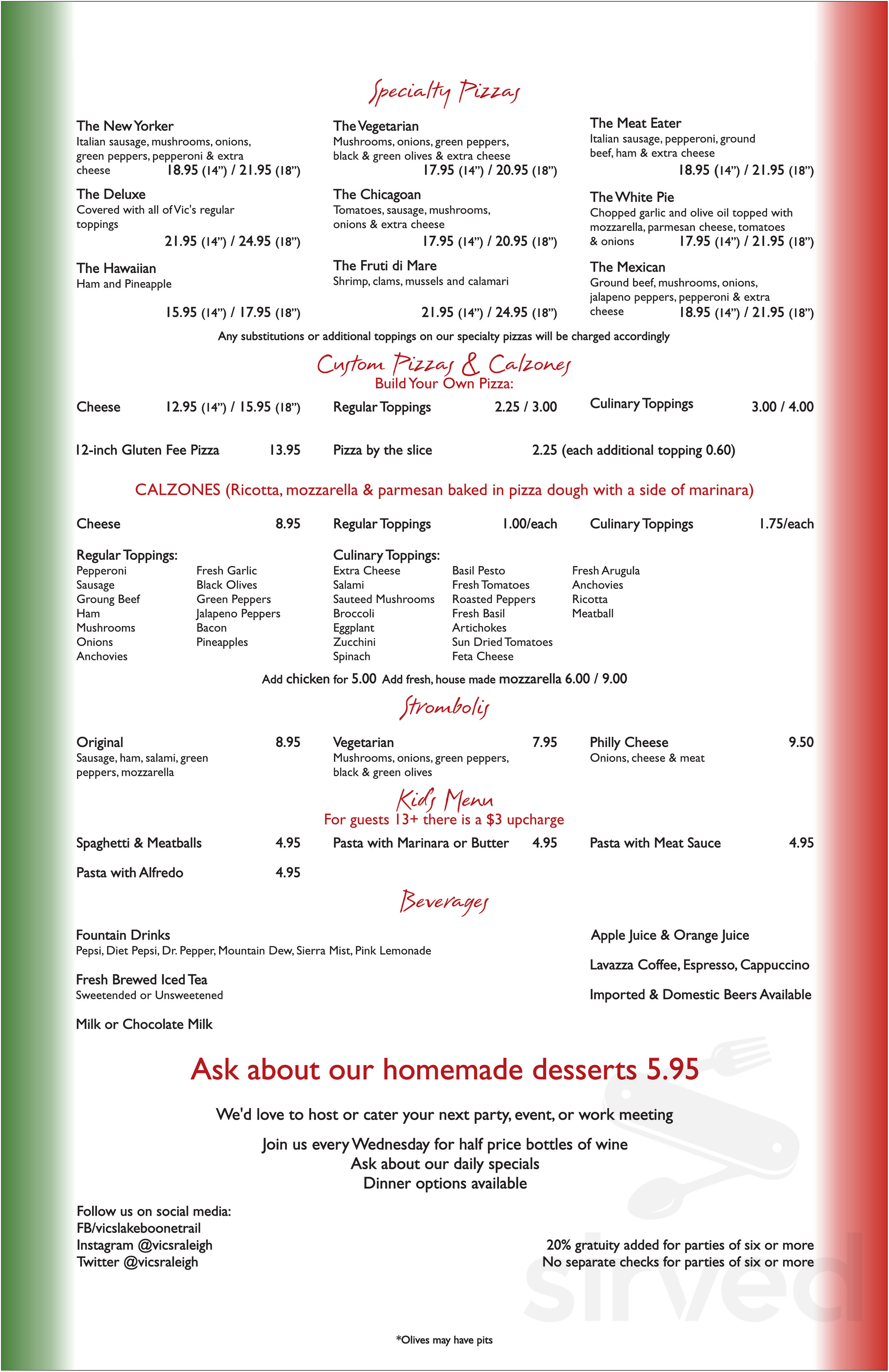 Vic's Italian Restaurant & Pizzeria menu in Raleigh, North Carolina, USA