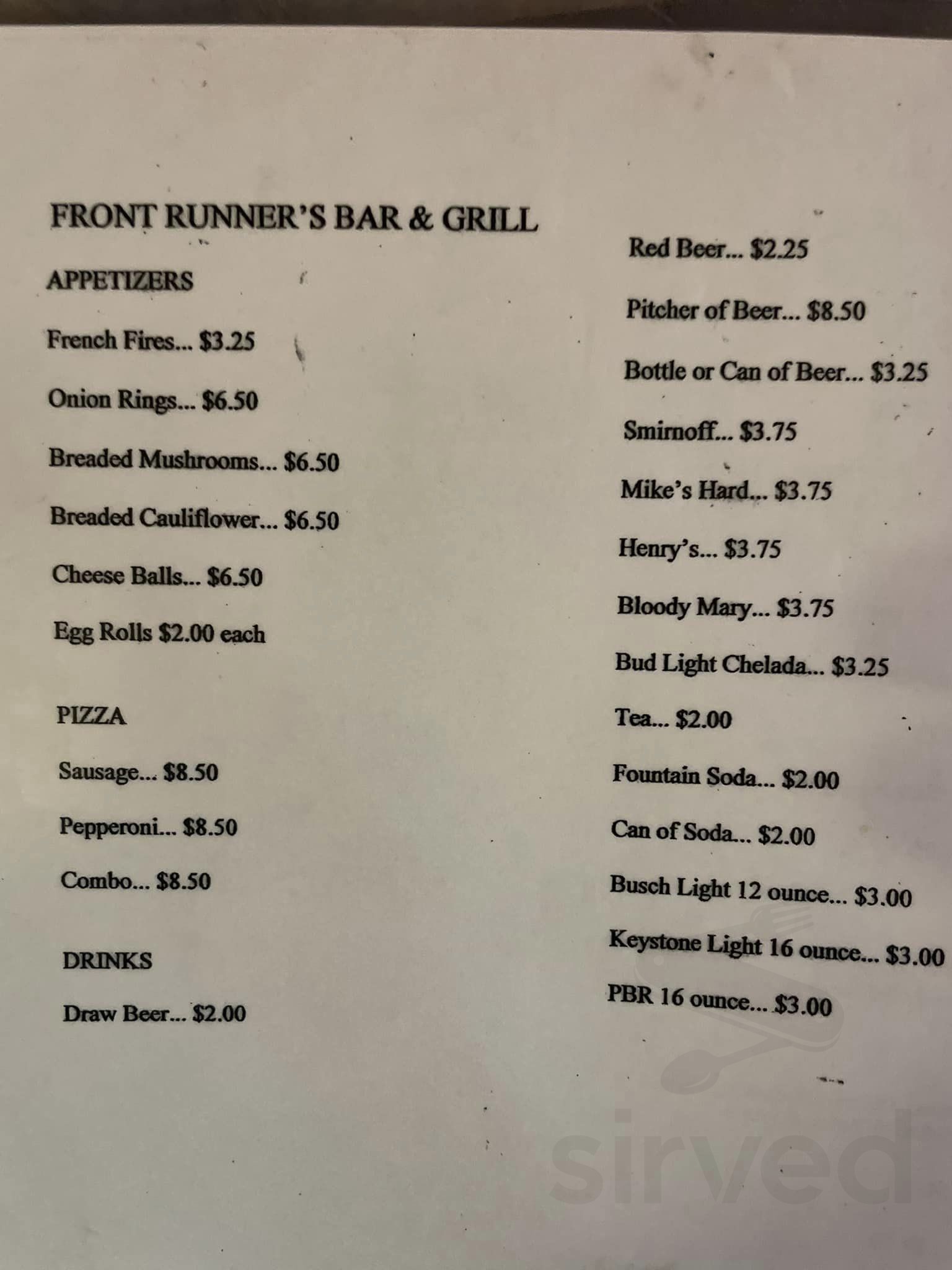 Runners Food Menu Menu for Front Runners in Ottumwa, IA | Sirved