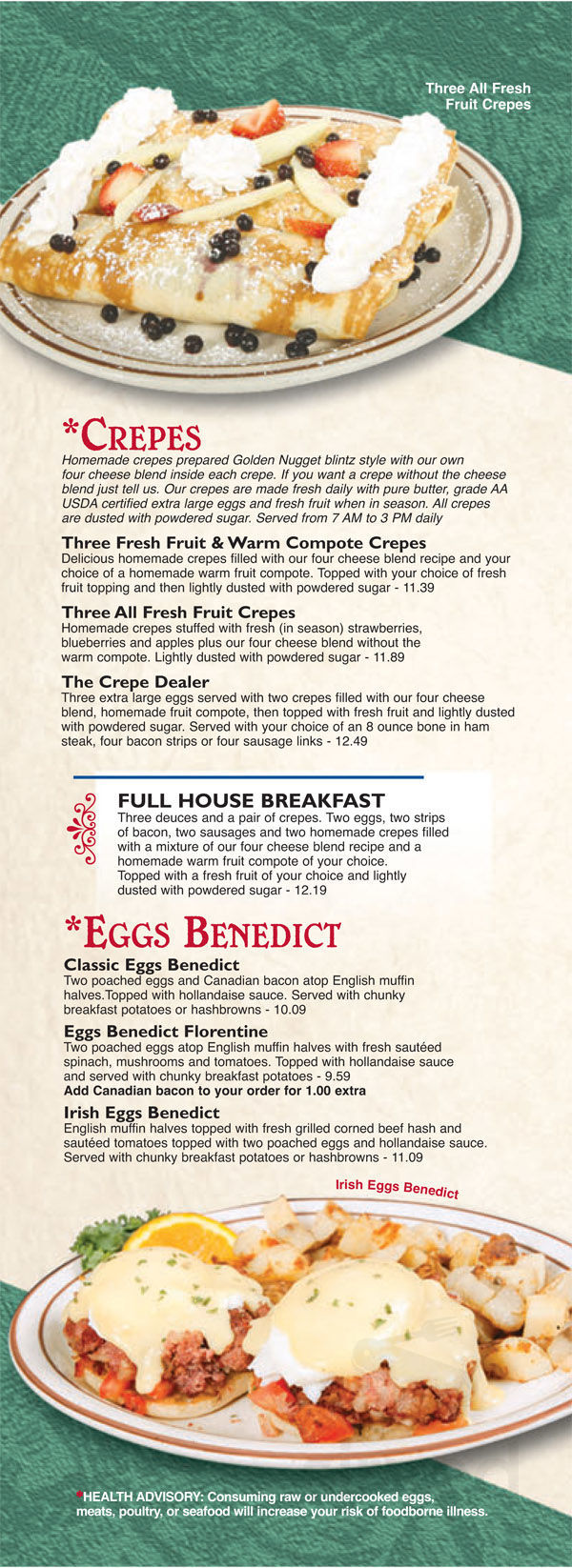 Golden Nugget Pancake House menu in Chicago, Illinois, USA