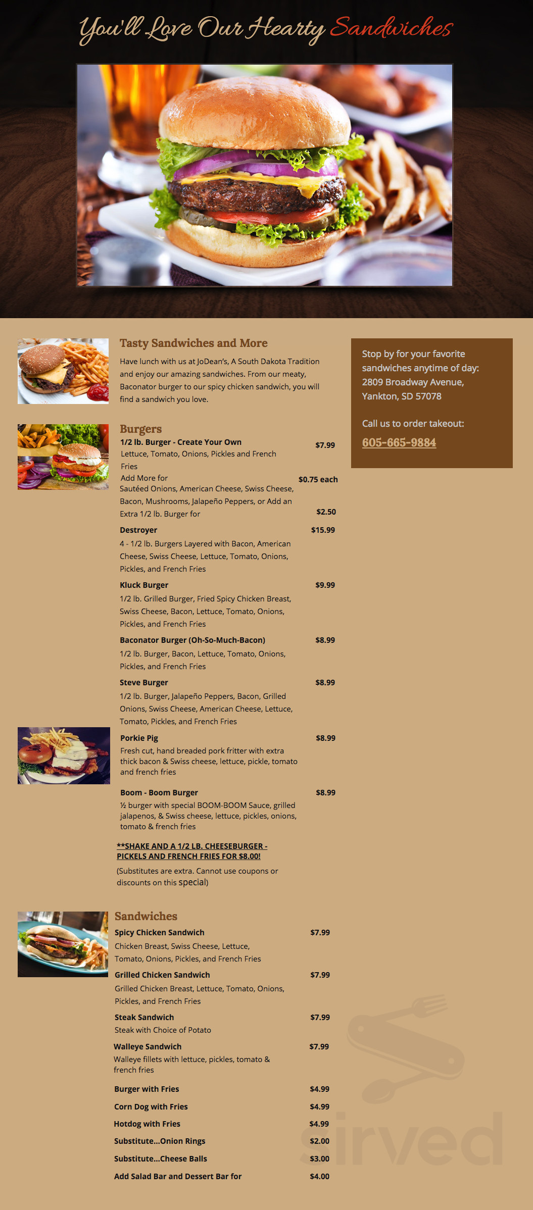 JoDean's Steakhouse & Lounge menu in Yankton, South Dakota, USA