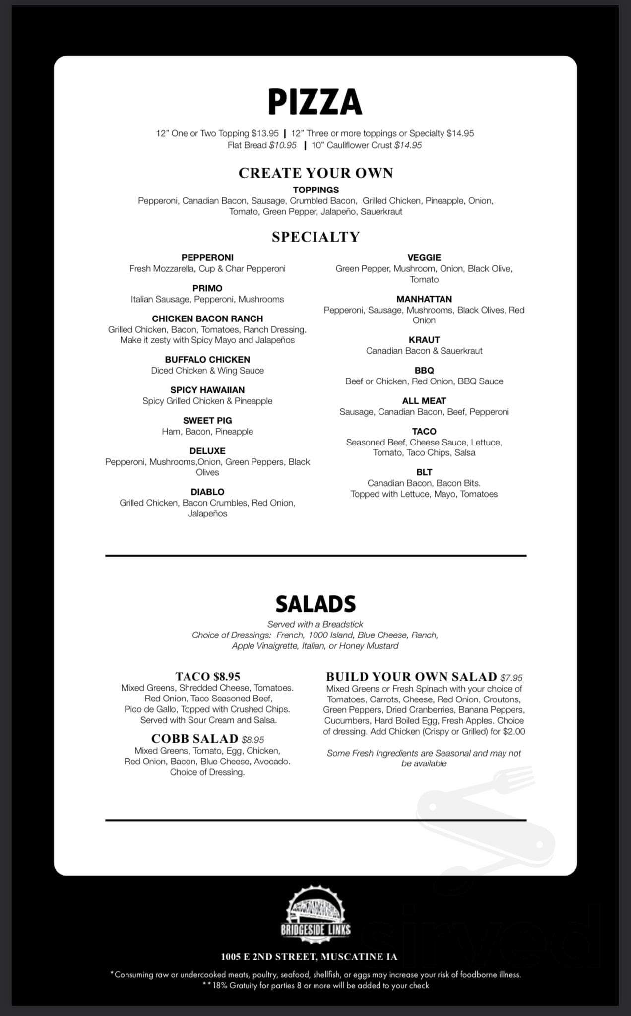 Bridgeside Links menu in Muscatine, Iowa, USA