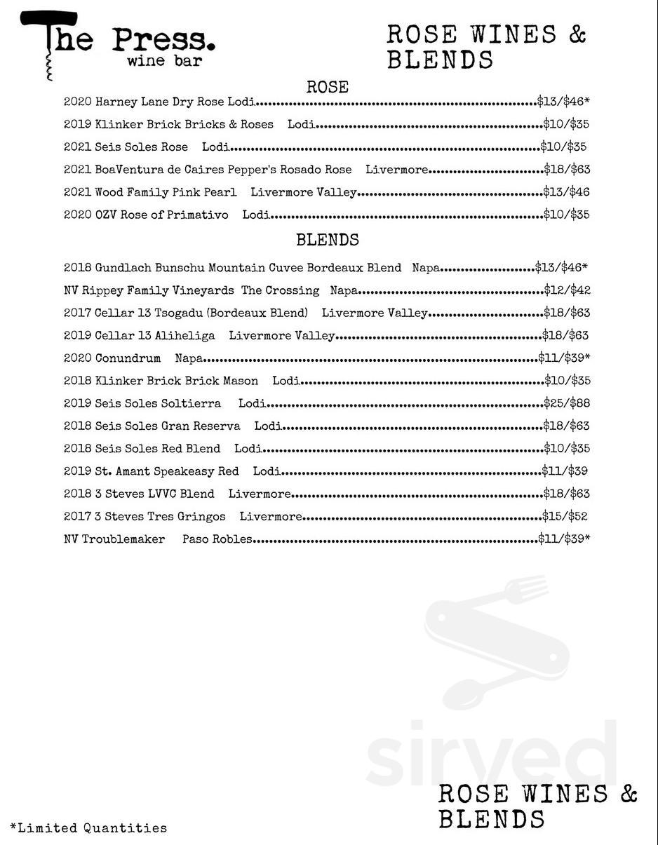 The Press Wine Bar menu in Tracy, California, USA