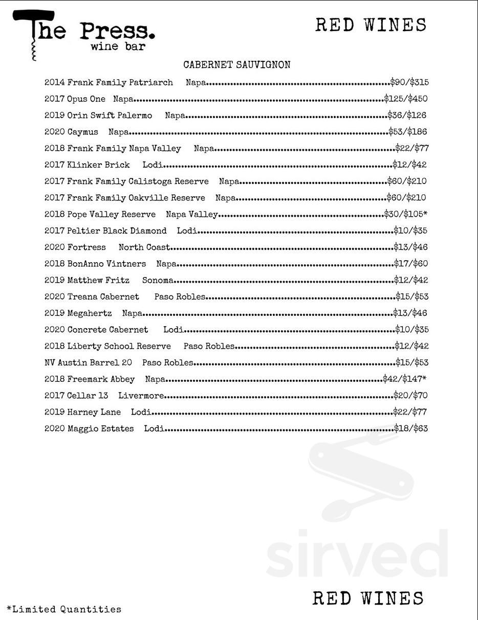 The Press Wine Bar menu in Tracy, California, USA