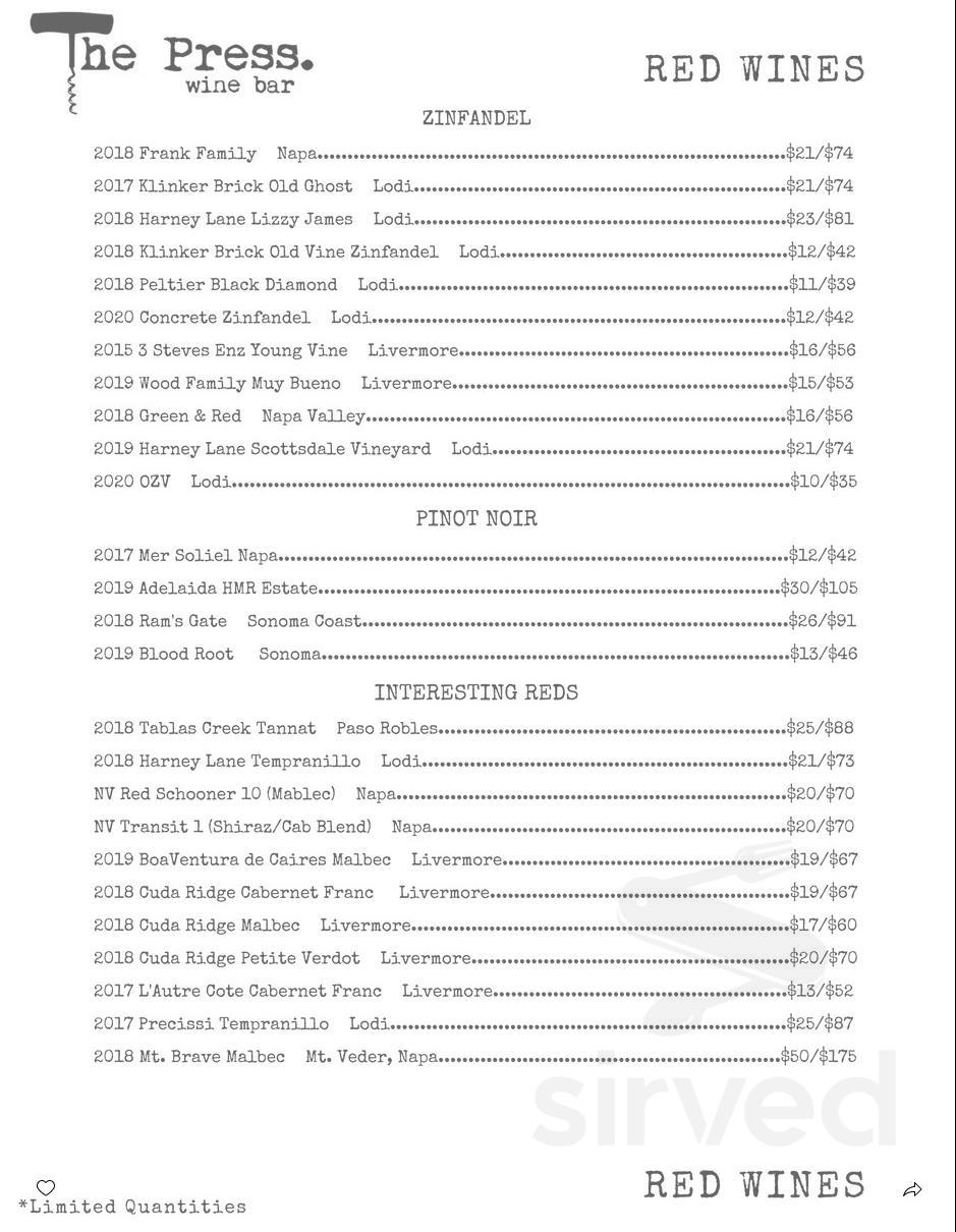 The Press Wine Bar menu in Tracy, California, USA