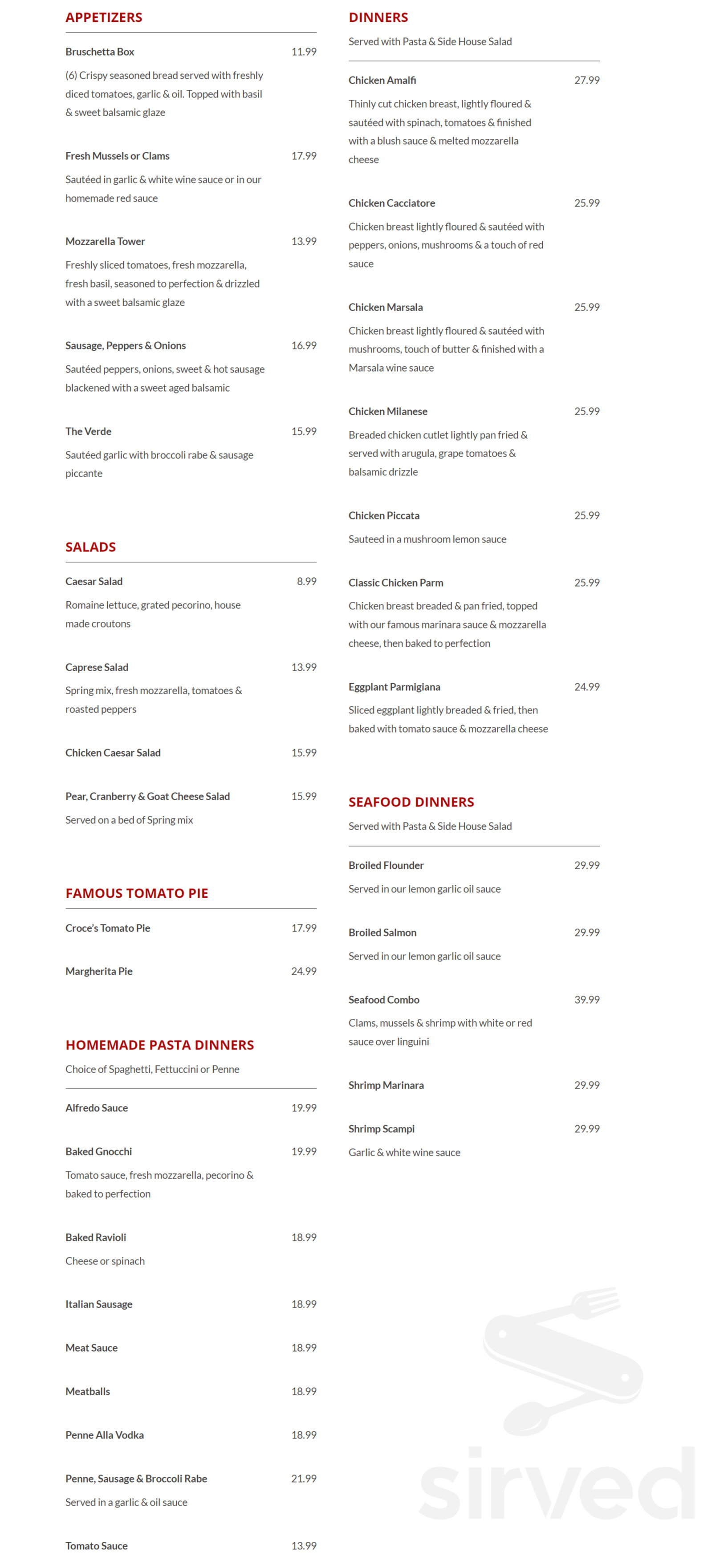 Croce Pasta to go menu in Avalon, New Jersey, USA