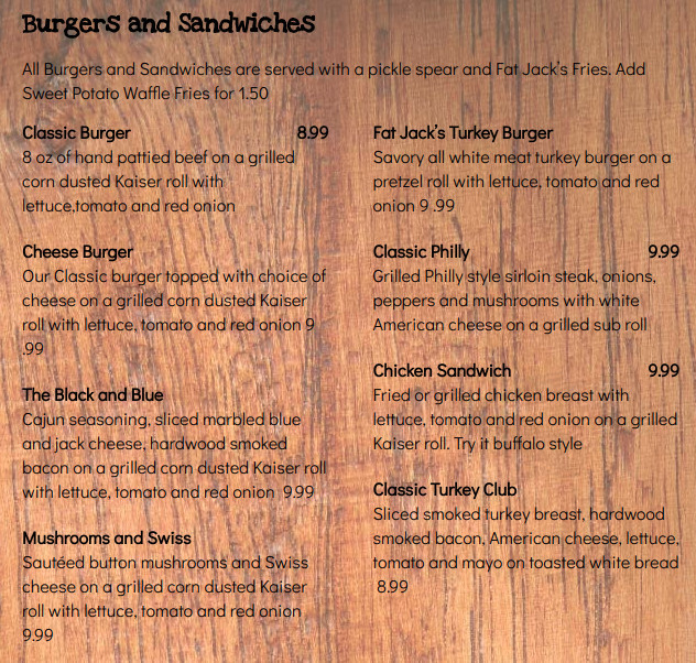 Fat Jack's menu in Walterboro, South Carolina, USA