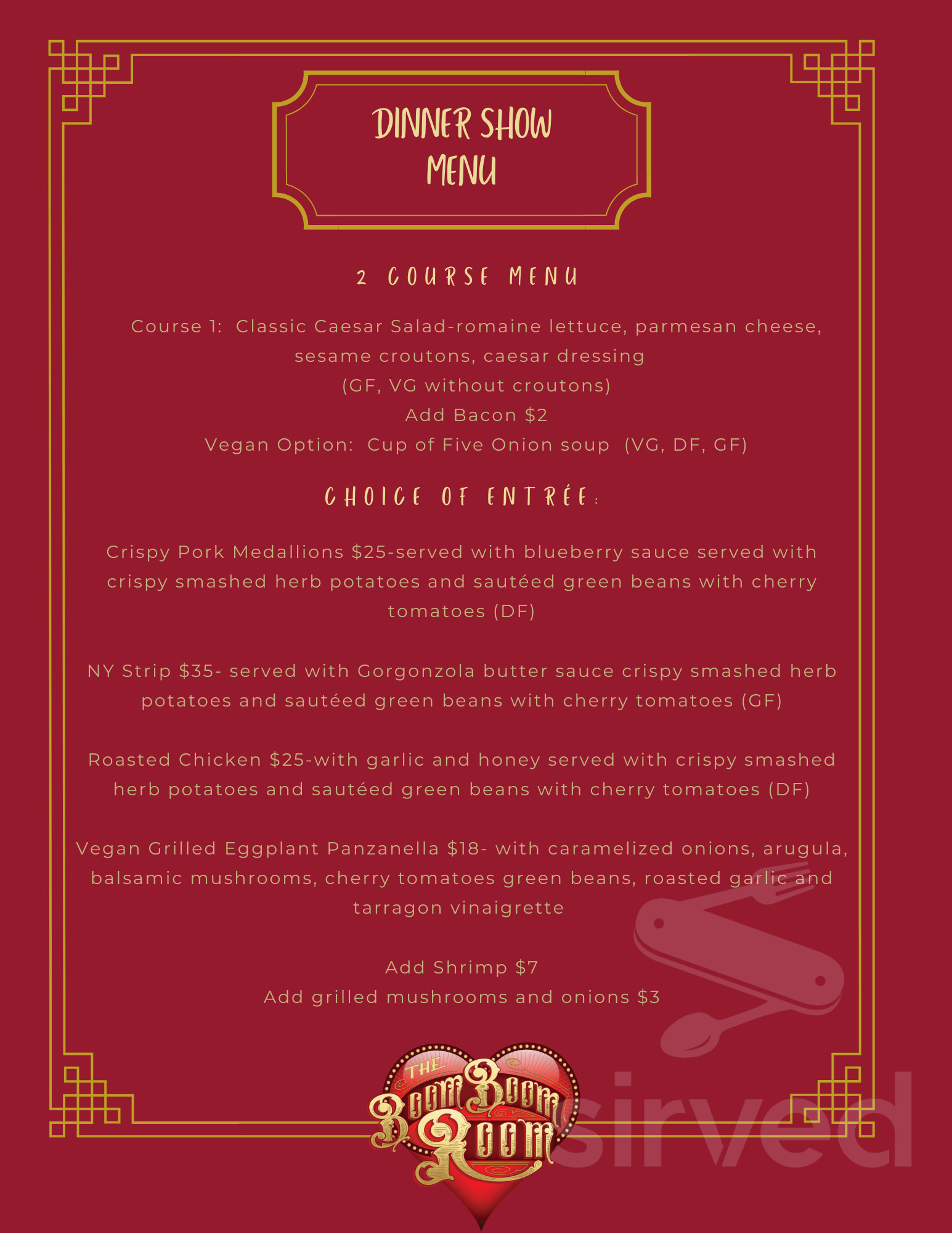 The Boom Boom Room menu in St. Louis, Missouri, USA
