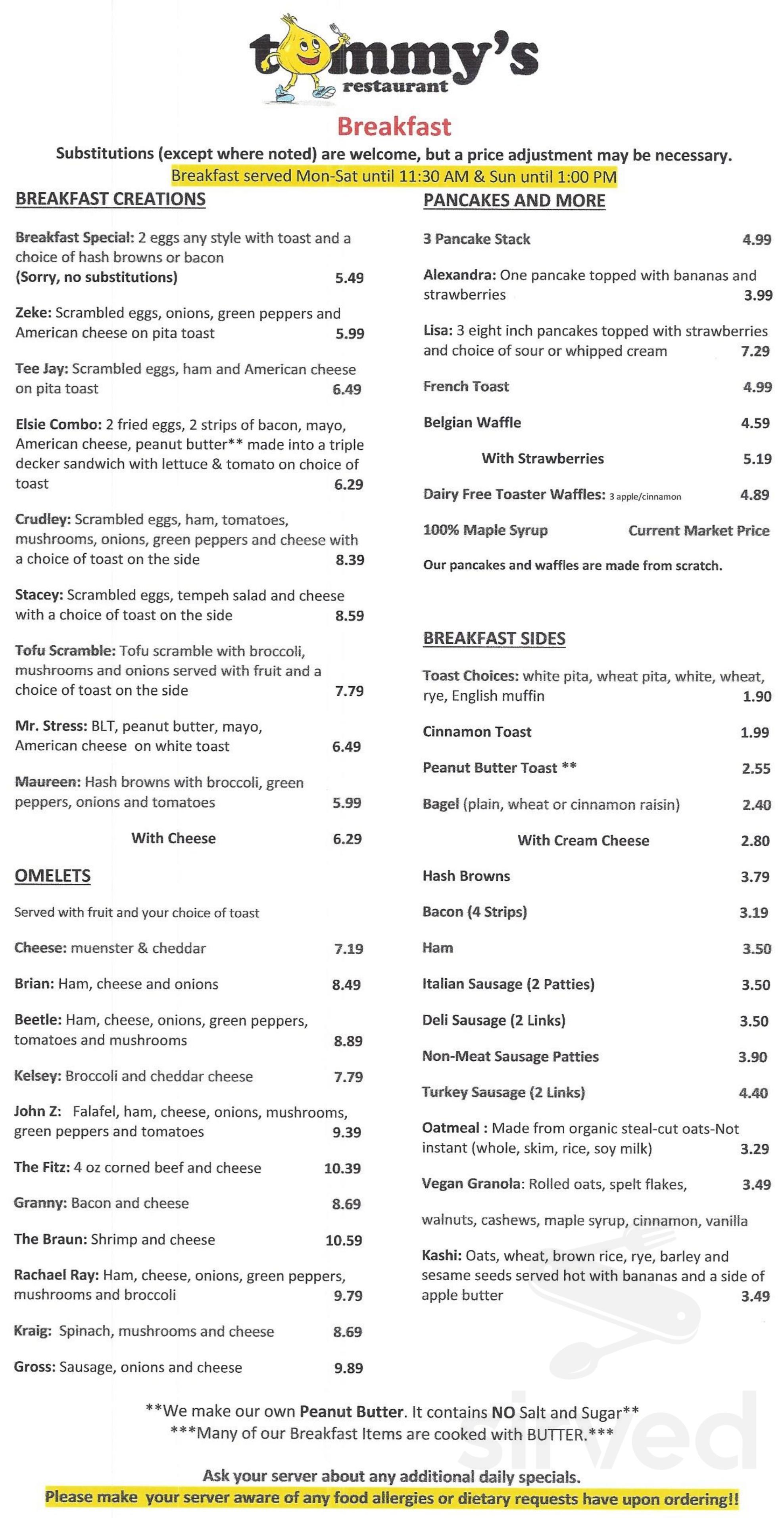 tommy's menu in Cleveland Heights, Ohio, USA