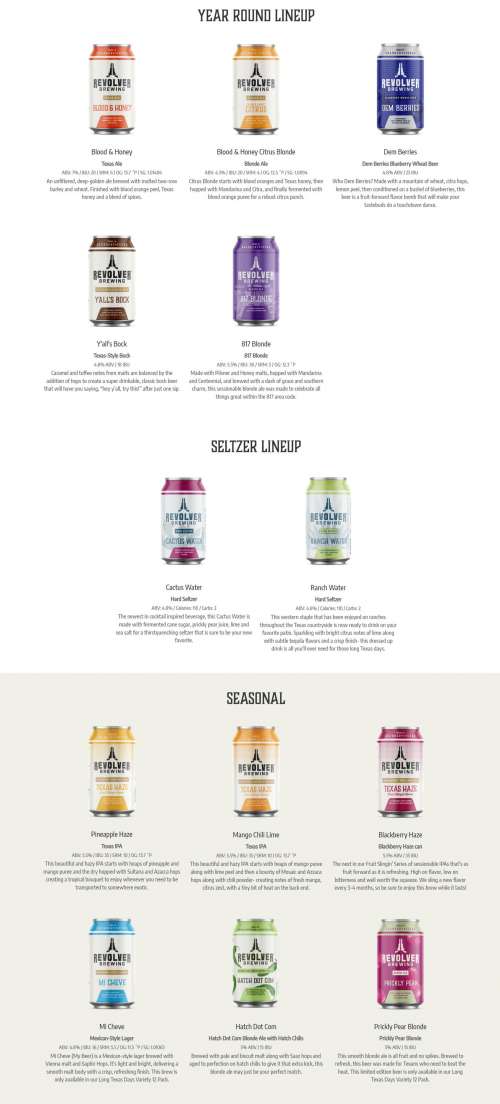 Revolver Brewing menu in Granbury, Texas, USA