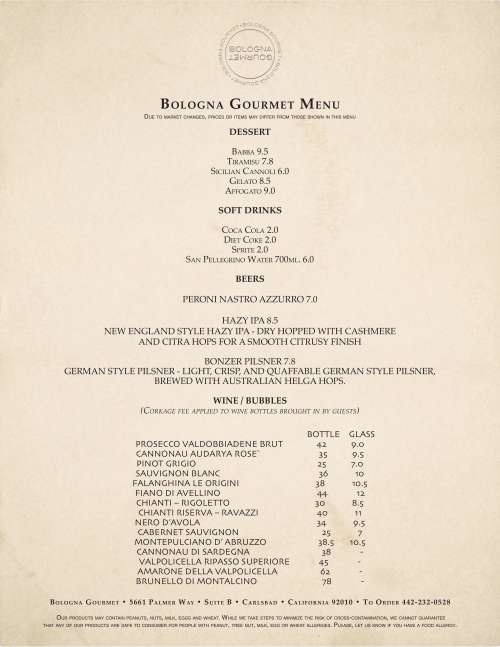 Bologna Gourmet menu in Carlsbad, California, USA