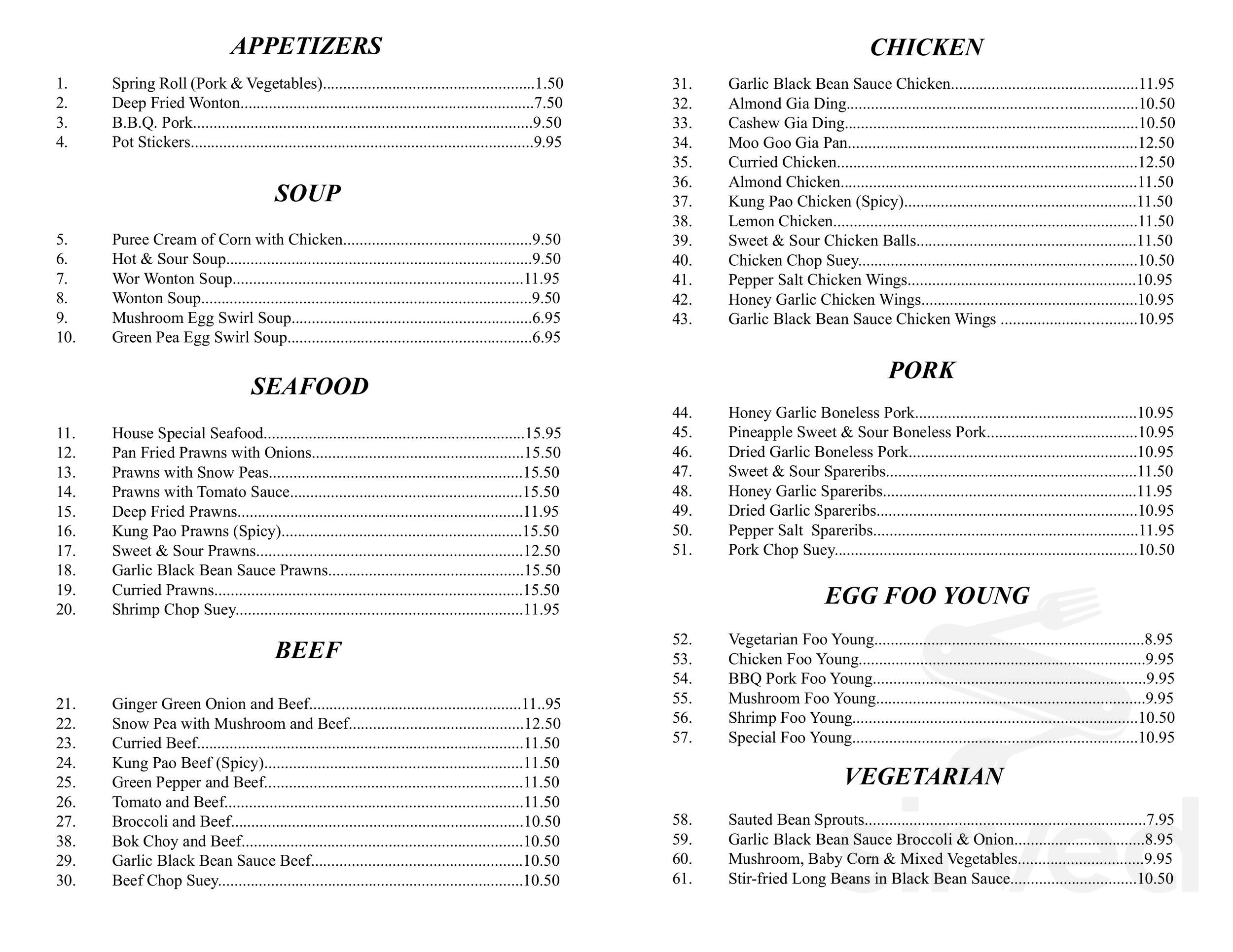 Mandarin Garden Buffet Restaurant menu in Chilliwack, British Columbia