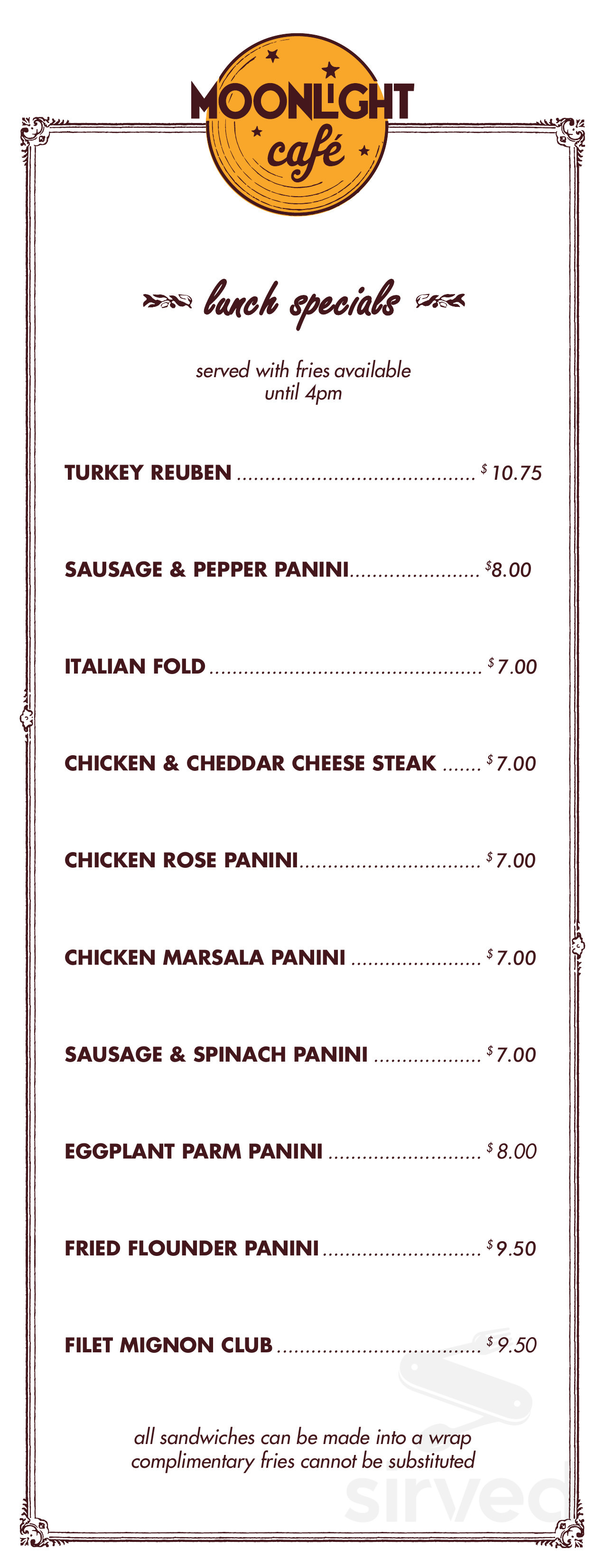Moonlight Ranch Menu Moonlight Cafe menu in Dover, Pennsylvania, USA