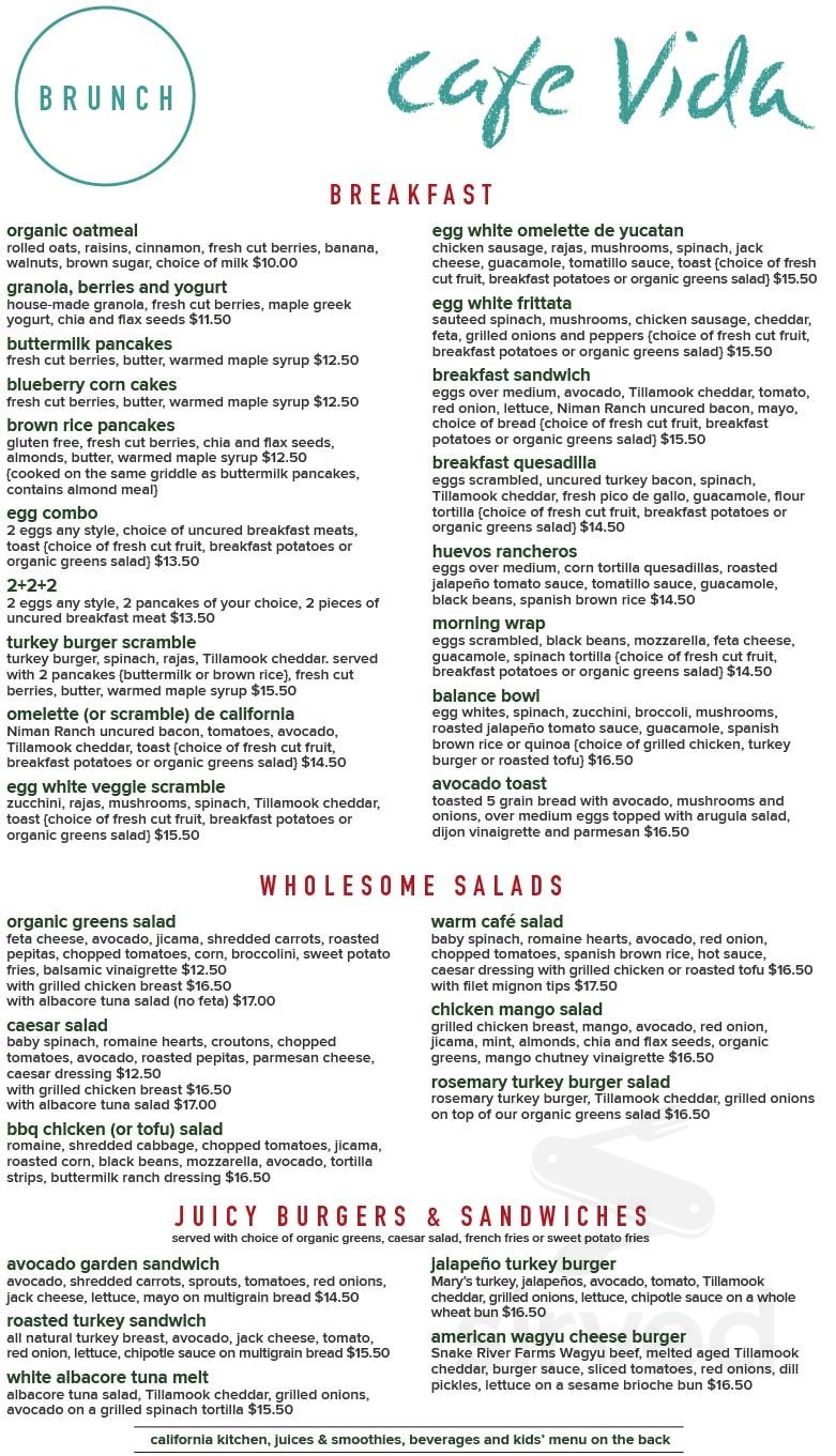 Cafe Vida Nutrition Information Menu