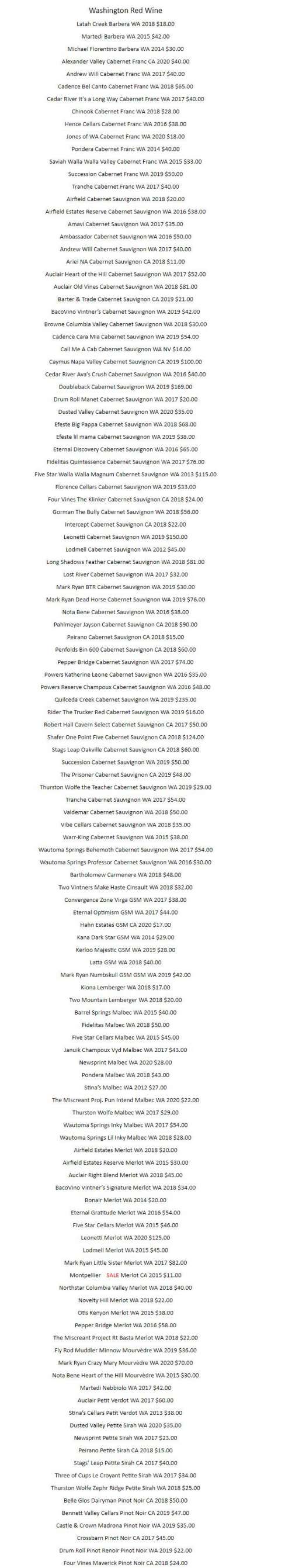 The Wine Alley menu in Renton, Washington, USA