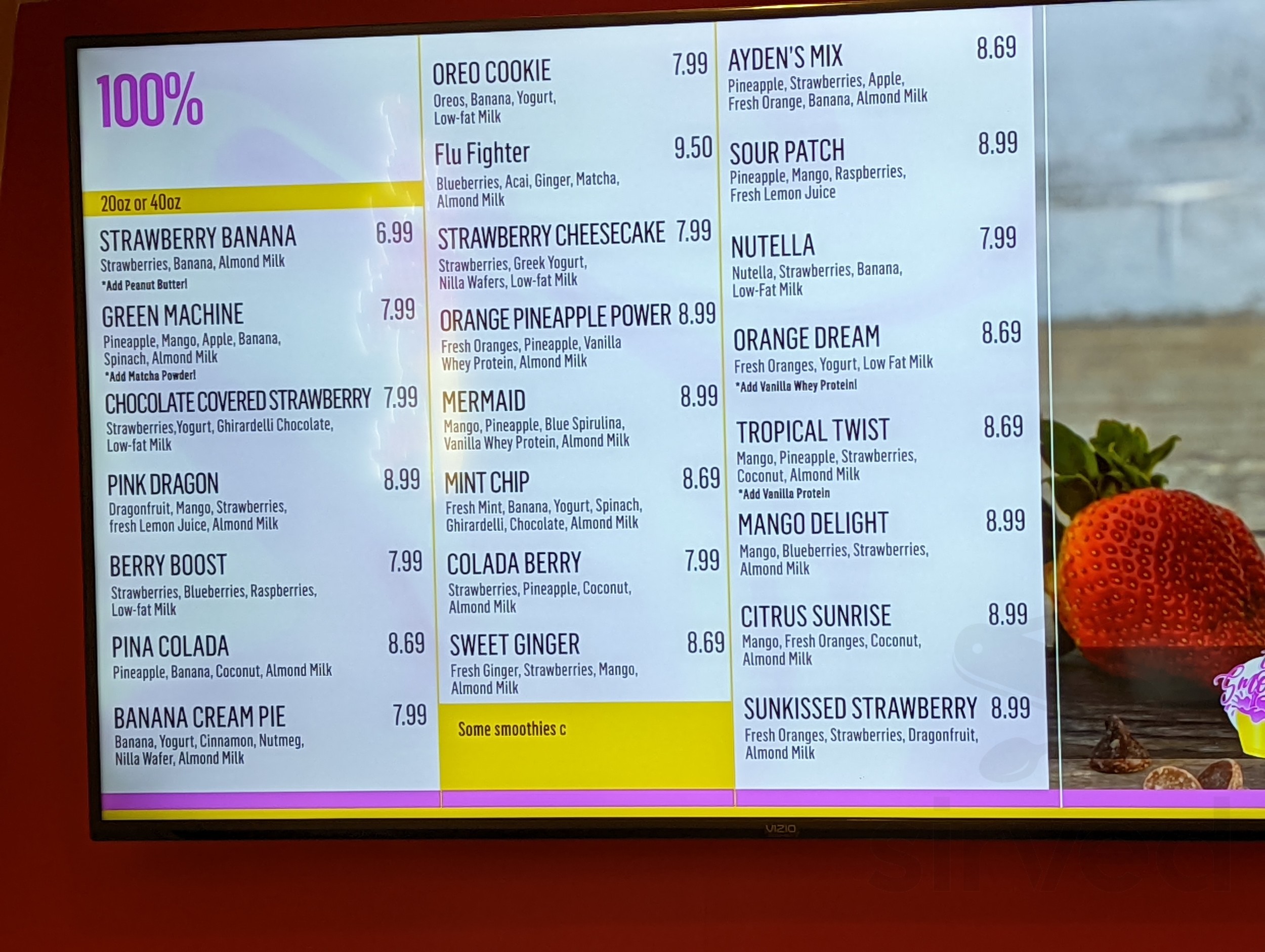 The Smoothie Bus menu in Manchester, New Hampshire, USA