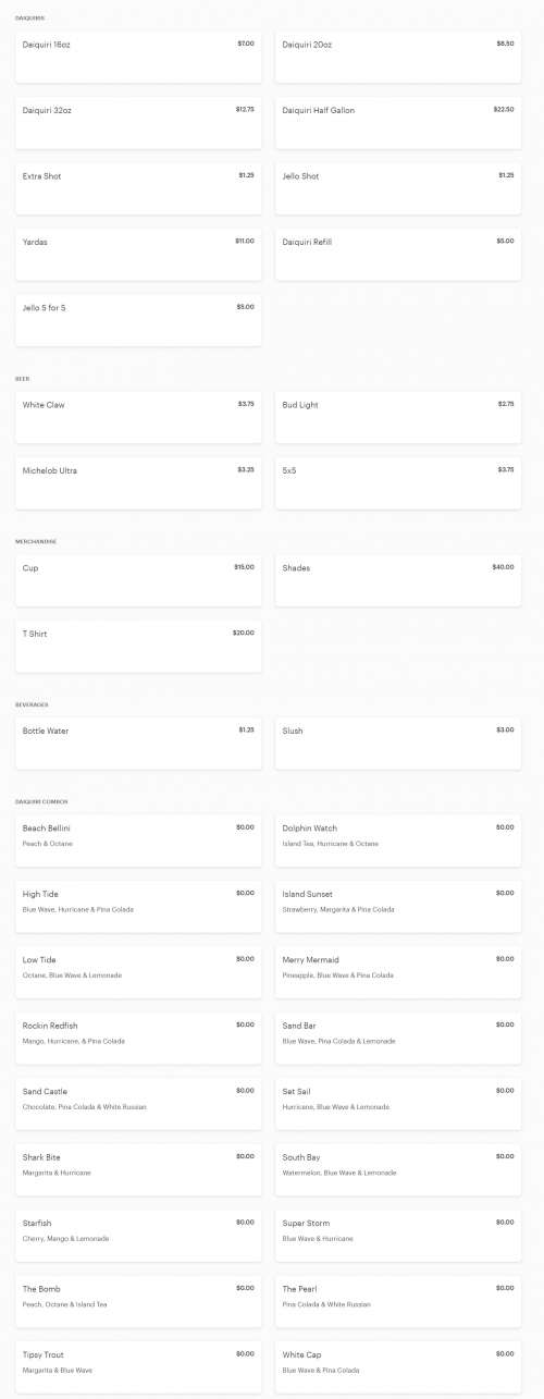 Island Daiquiris 2 Go menu in South Padre Island, Texas, USA