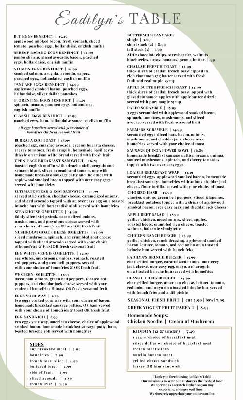 Eadilyn's Table menu in Wynantskill, New York, USA