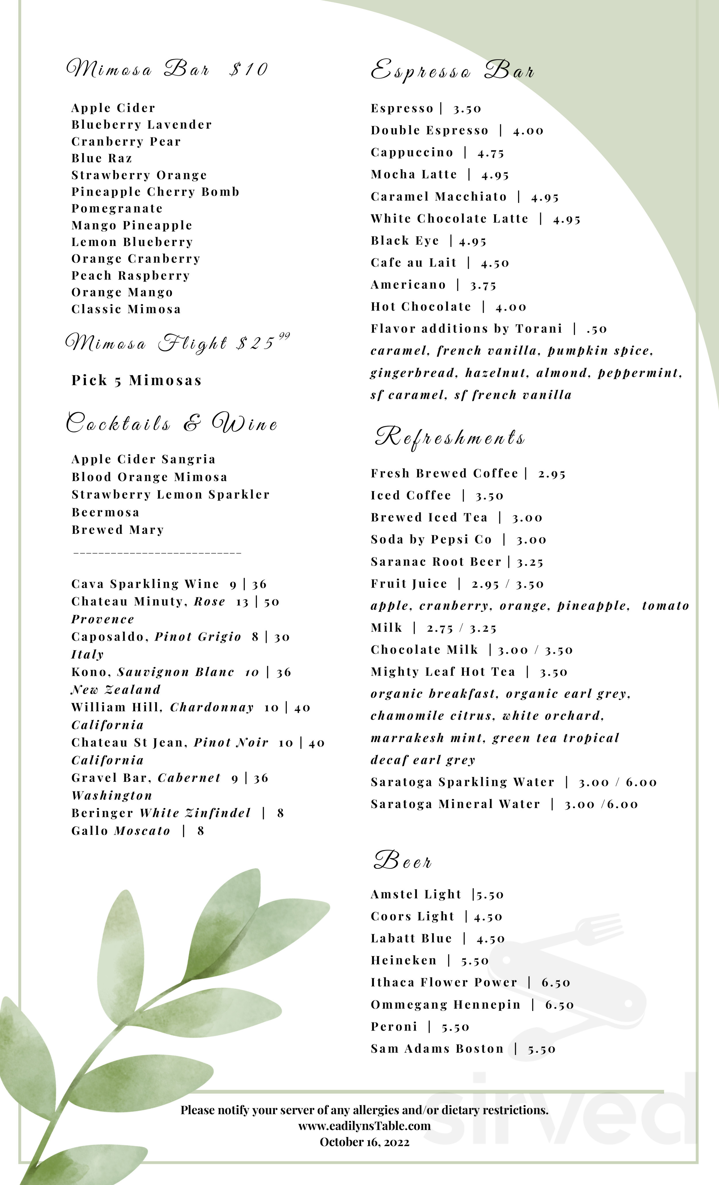 Eadilyn's Table menu in Wynantskill, New York, USA