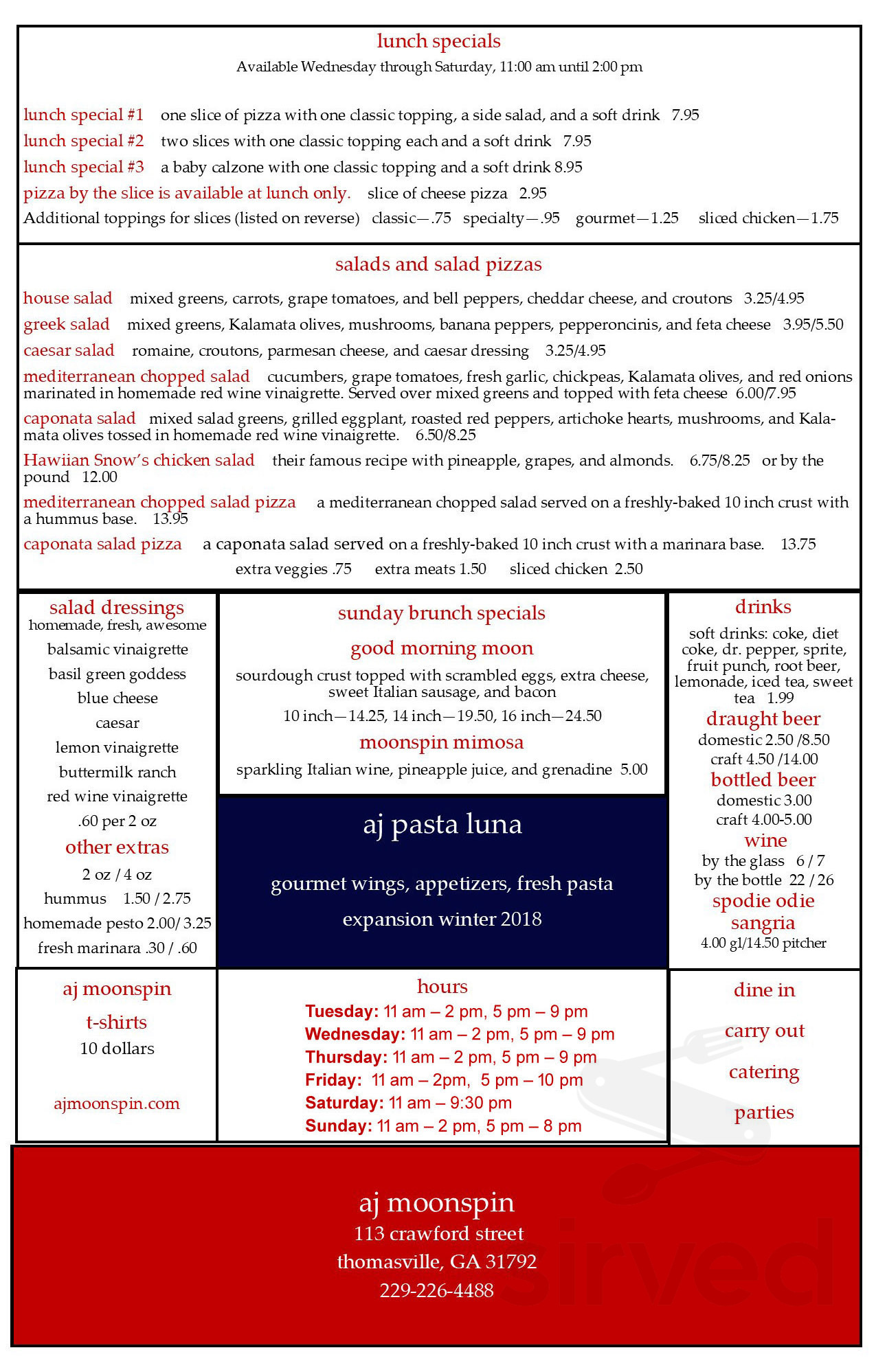 Menu for AJ Moonspin Pizza in Thomasville, GA Sirved