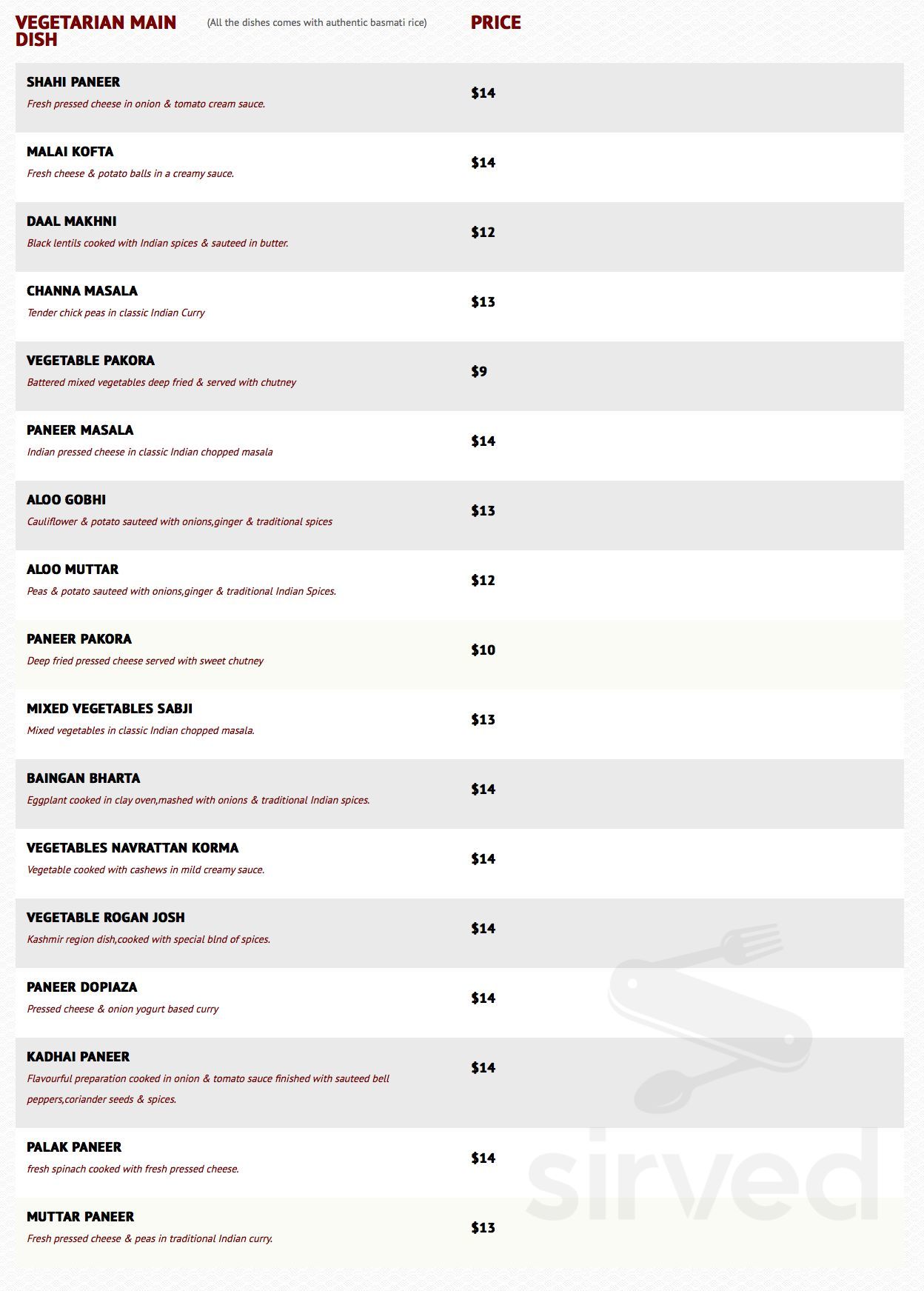 Ashoka Indian Cuisine menu in Penticton, British Columbia
