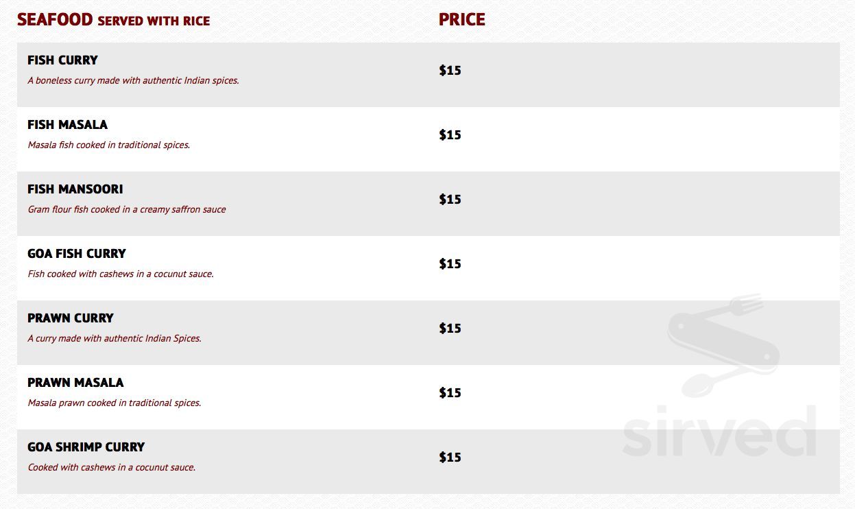 Ashoka Indian Cuisine menu in Penticton, British Columbia