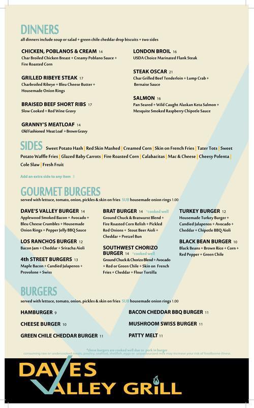 Dave's Valley Grill menu in Los Ranchos De Albuquerque, New Mexico, USA